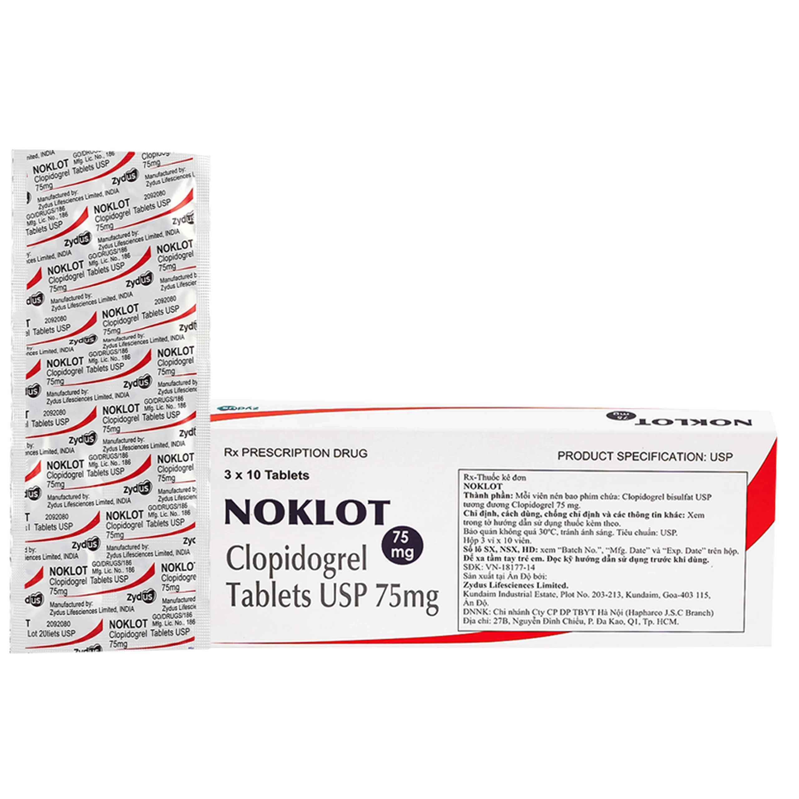 Thuốc Noklot 75mg Zydus phòng ngừa biến cố xơ vữa động mạch (3 vỉ x 10 viên) 1