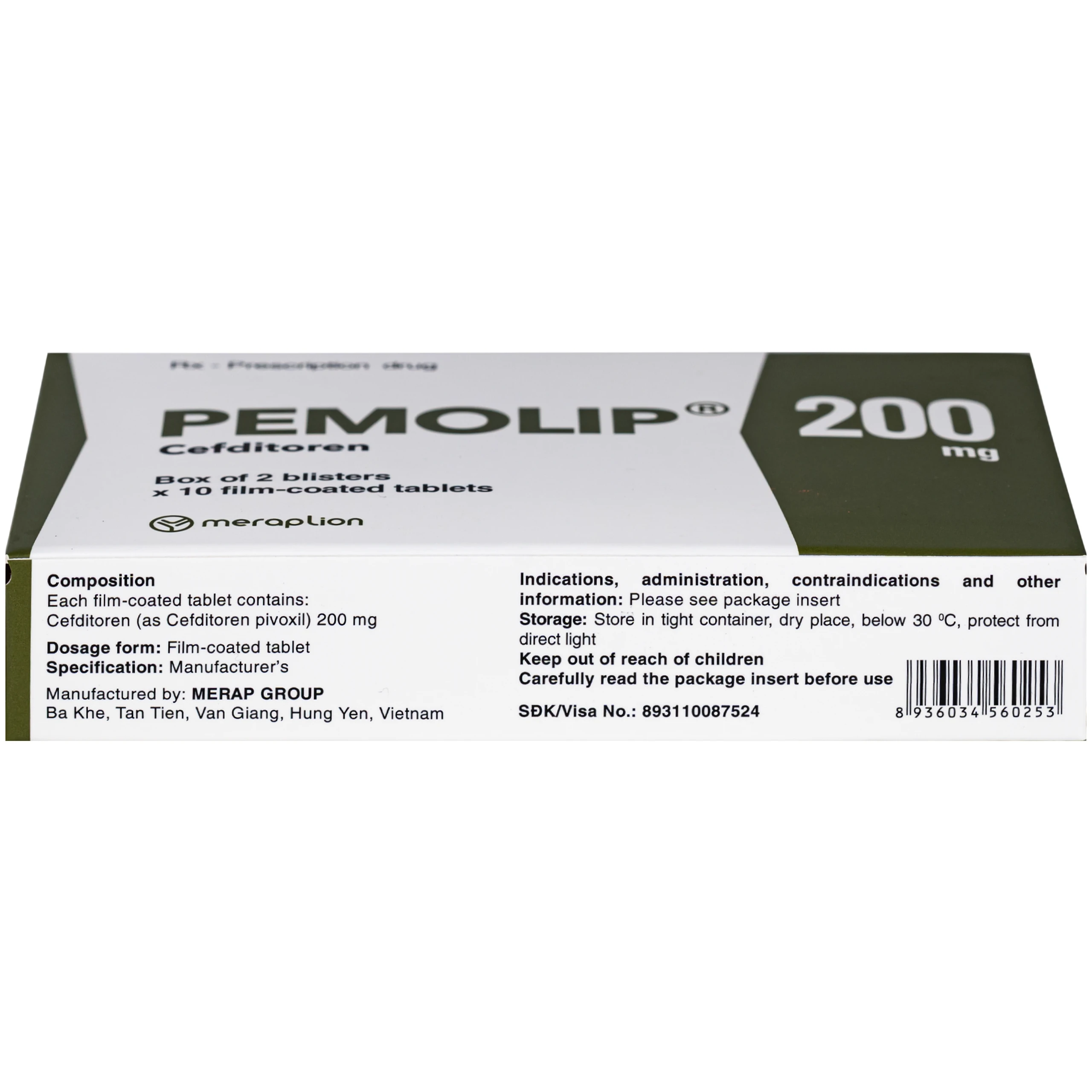 Thuốc Pemolip 200mg Meraplion điều trị các nhiễm khuẩn từ nhẹ đến vừa bởi các chủng vi sinh vật (2 vỉ x 10 viên) 3