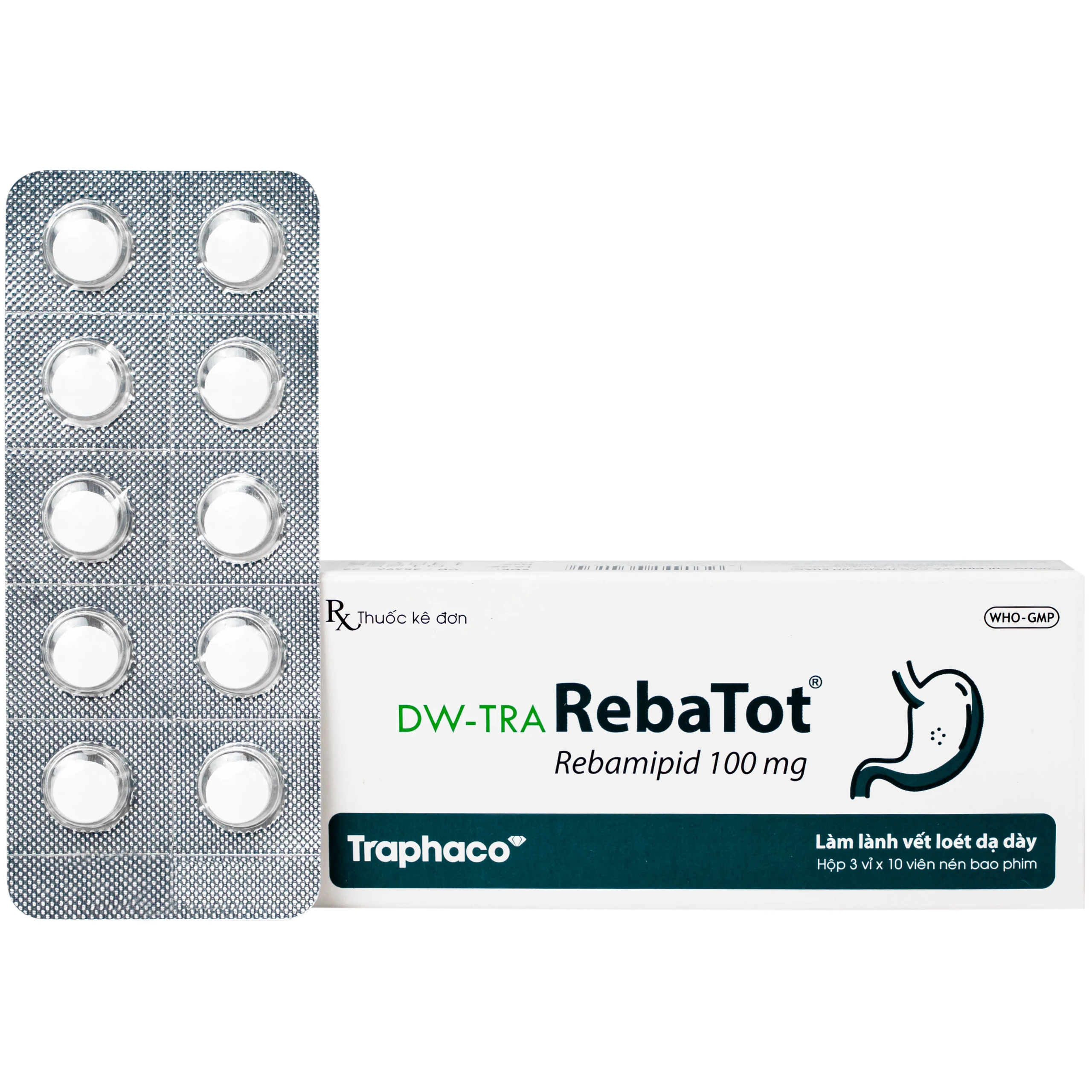 Thuốc Rebamipid 100mg Traphaco điều trị loét dạ dày (3 vỉ x 10 viên)