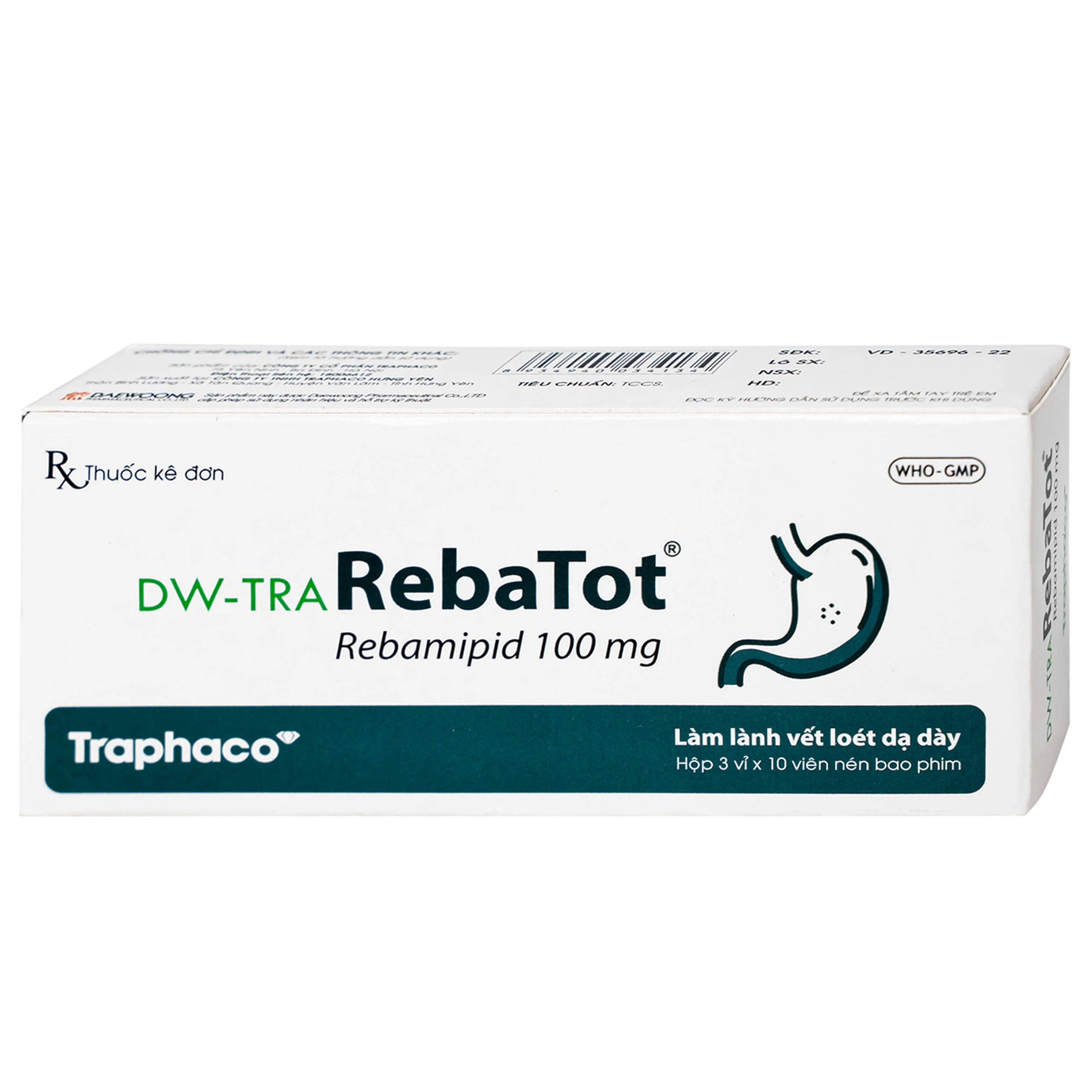 Thuốc Rebamipid 100mg Traphaco điều trị loét dạ dày (3 vỉ x 10 viên)