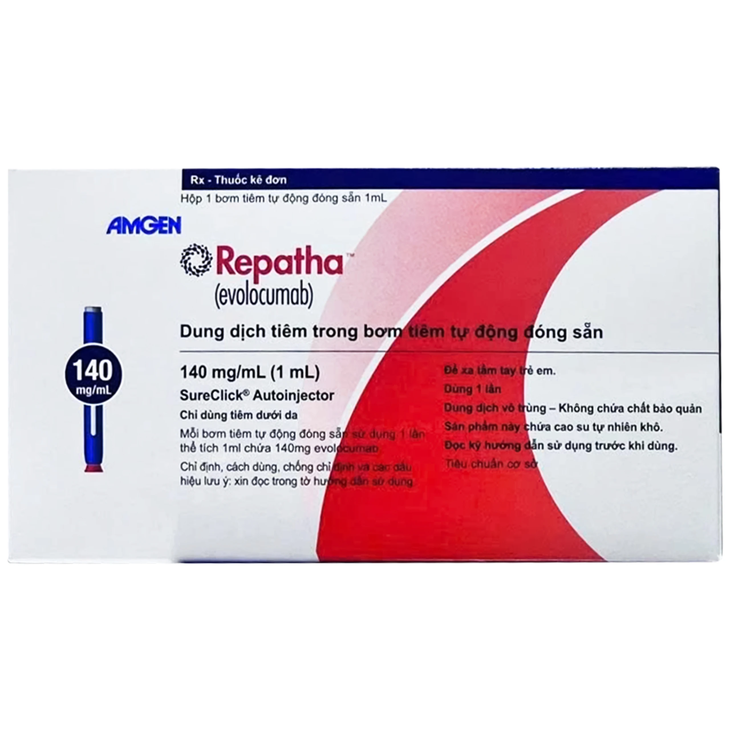 Thuốc Repatha 140mg Amgen Làm giảm mạnh mức cholesterol LDL (lên đến trên 50%) và giảm nguy cơ biến cố tim mạch như nhồi máu cơ tim, đột quỵ (1ml)