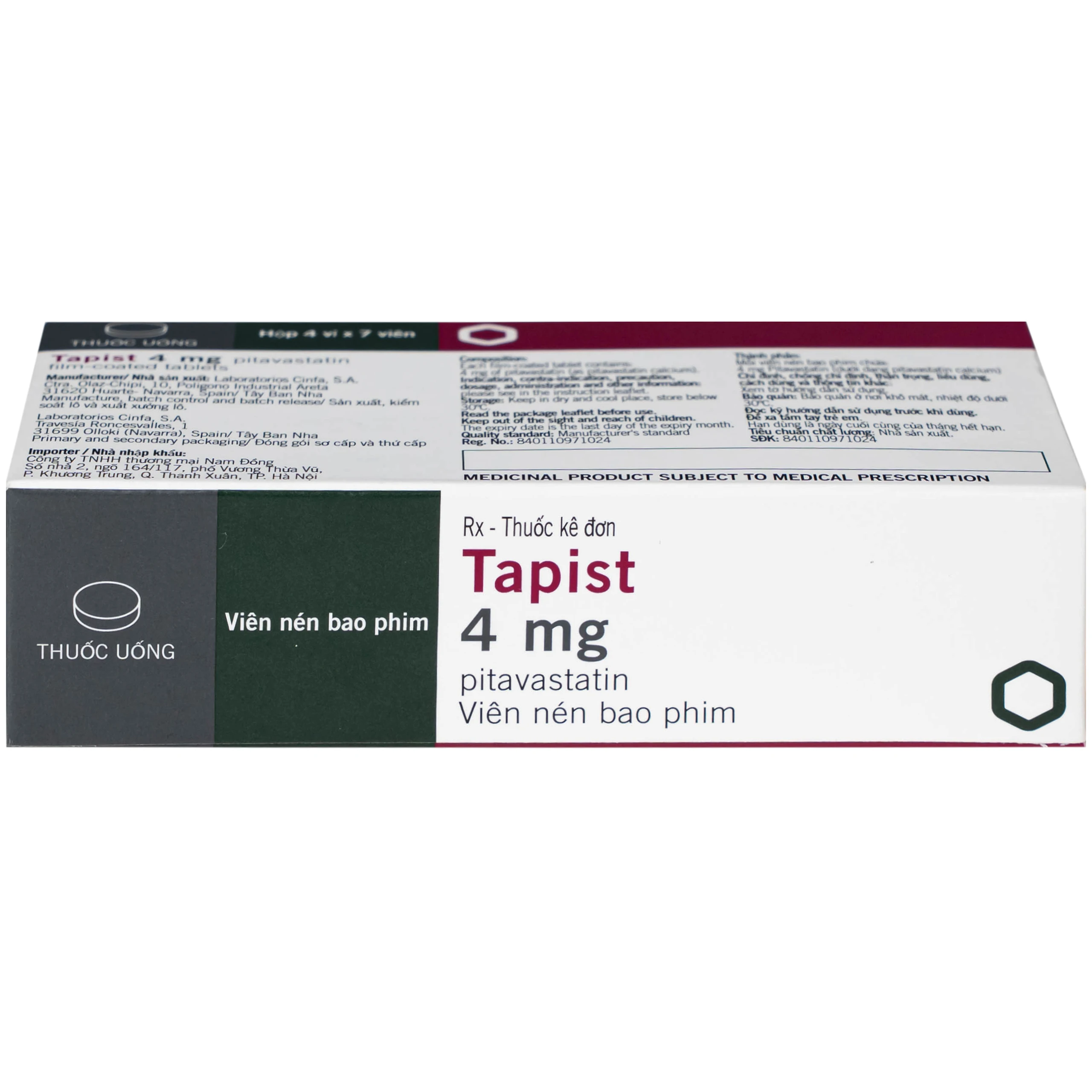 Thuốc Tapist 4mg Laboratorios Cinfa điều trị mỡ máu cao và hạ Cholesterol (4 vỉ x 7 viên) 4