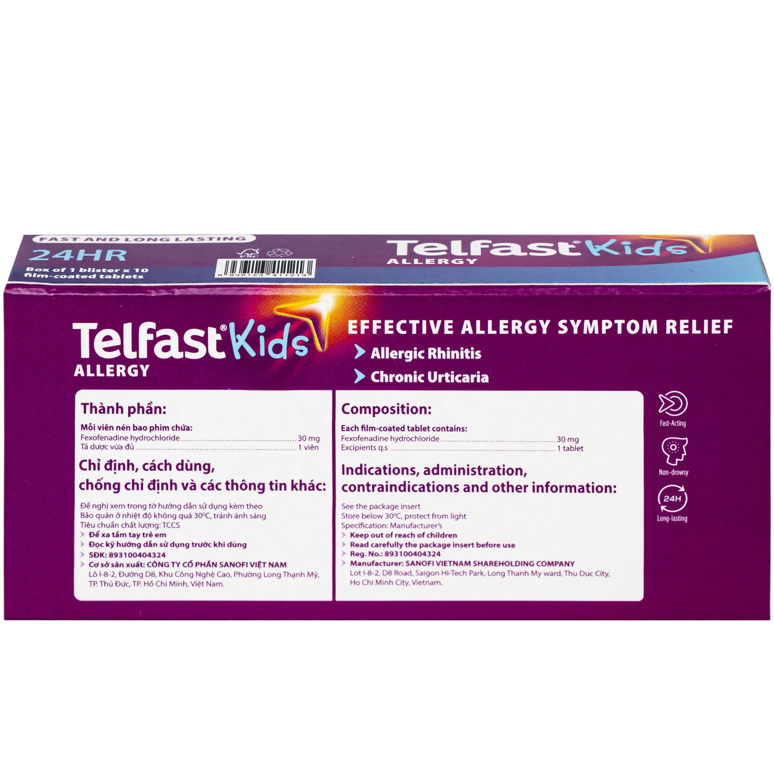 Thuốc Telfast Kids 30mg Sanofi điều trị viêm mũi dị ứng, mày đay cho trẻ em (1 vỉ x 10 viên)