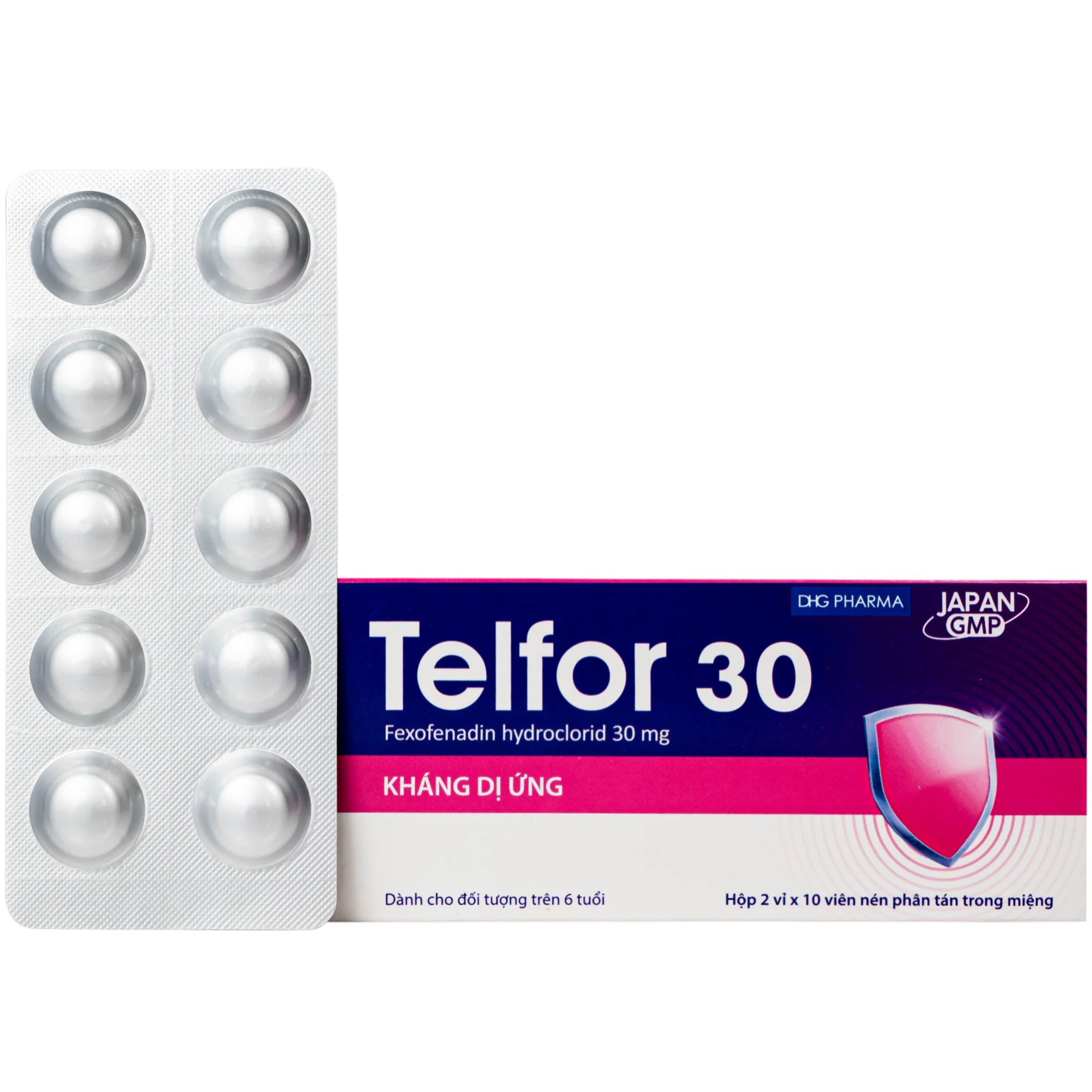 Thuốc Telfor 30mg DHG điều trị viêm mũi dị ứng, mày đay cho trẻ em (2 vỉ x 10 viên)