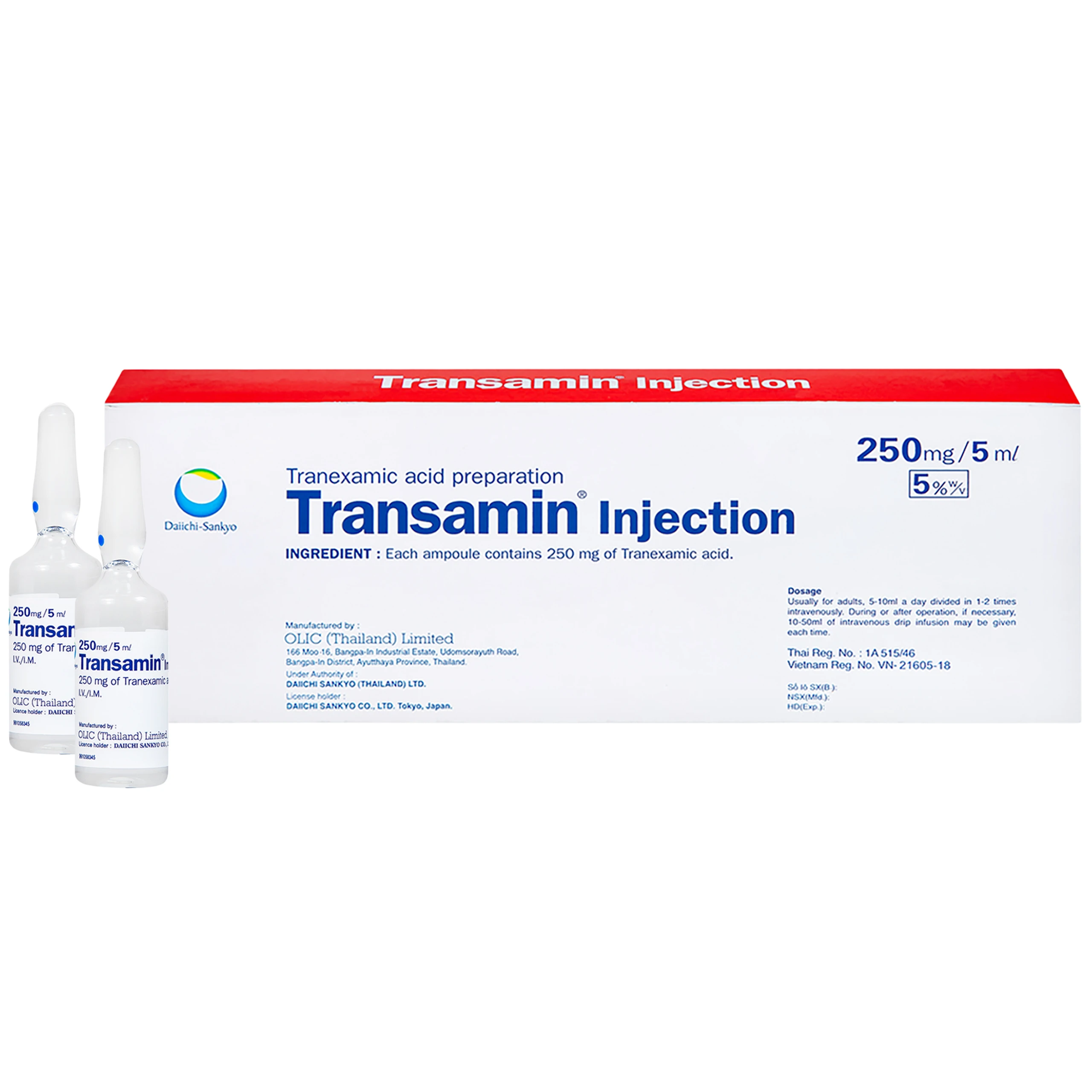 Thuốc tiêm Transamin Injection Daiichi-Sankyo điều trị bệnh bạch huyết, thiếu máu không tái tạo (1 vỉ x 10 ống x 5ml)