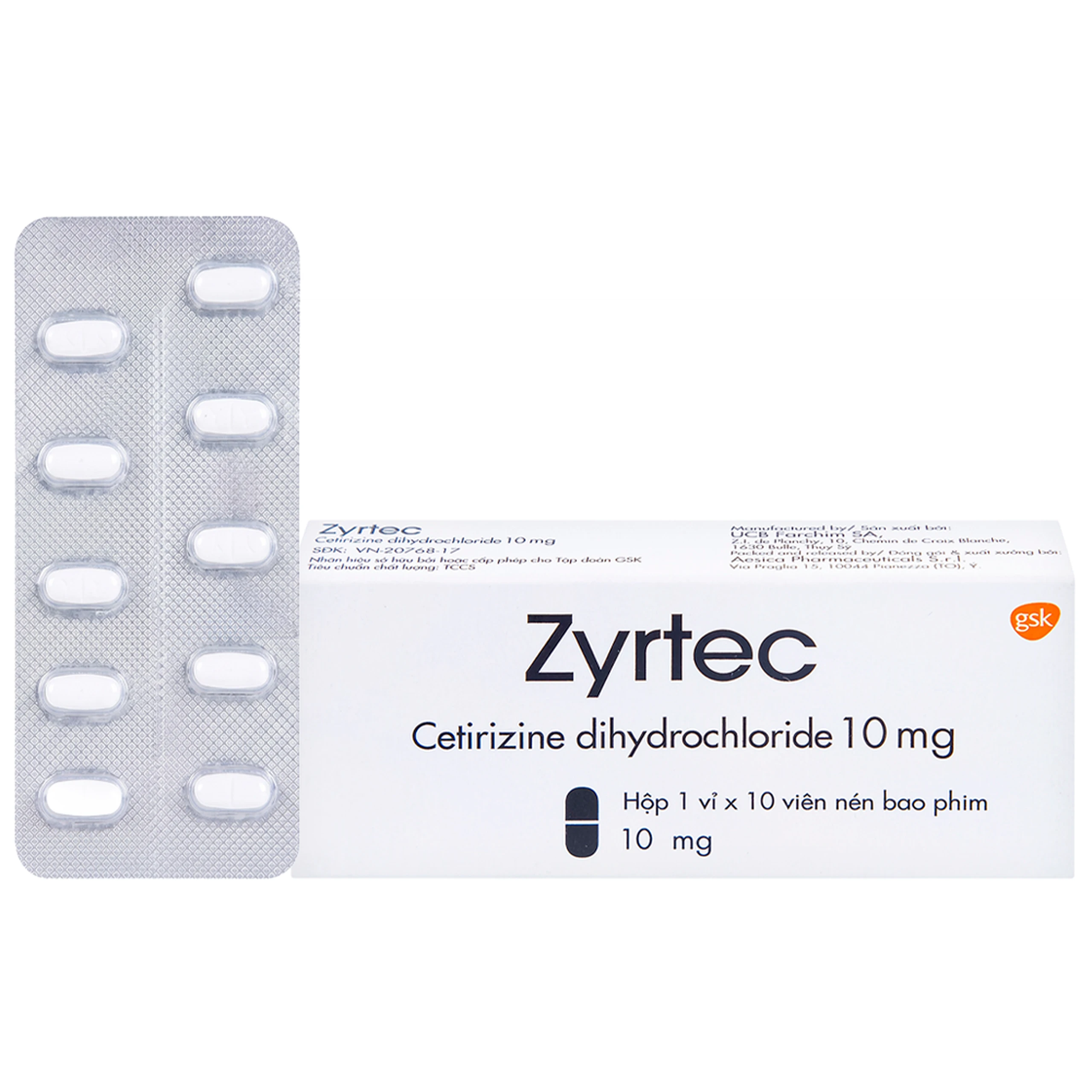 Thuốc Zyrtec GSK giảm viêm mũi dị ứng, mày đay tự phát, mạn tính (1 vỉ x 10 viên) 1