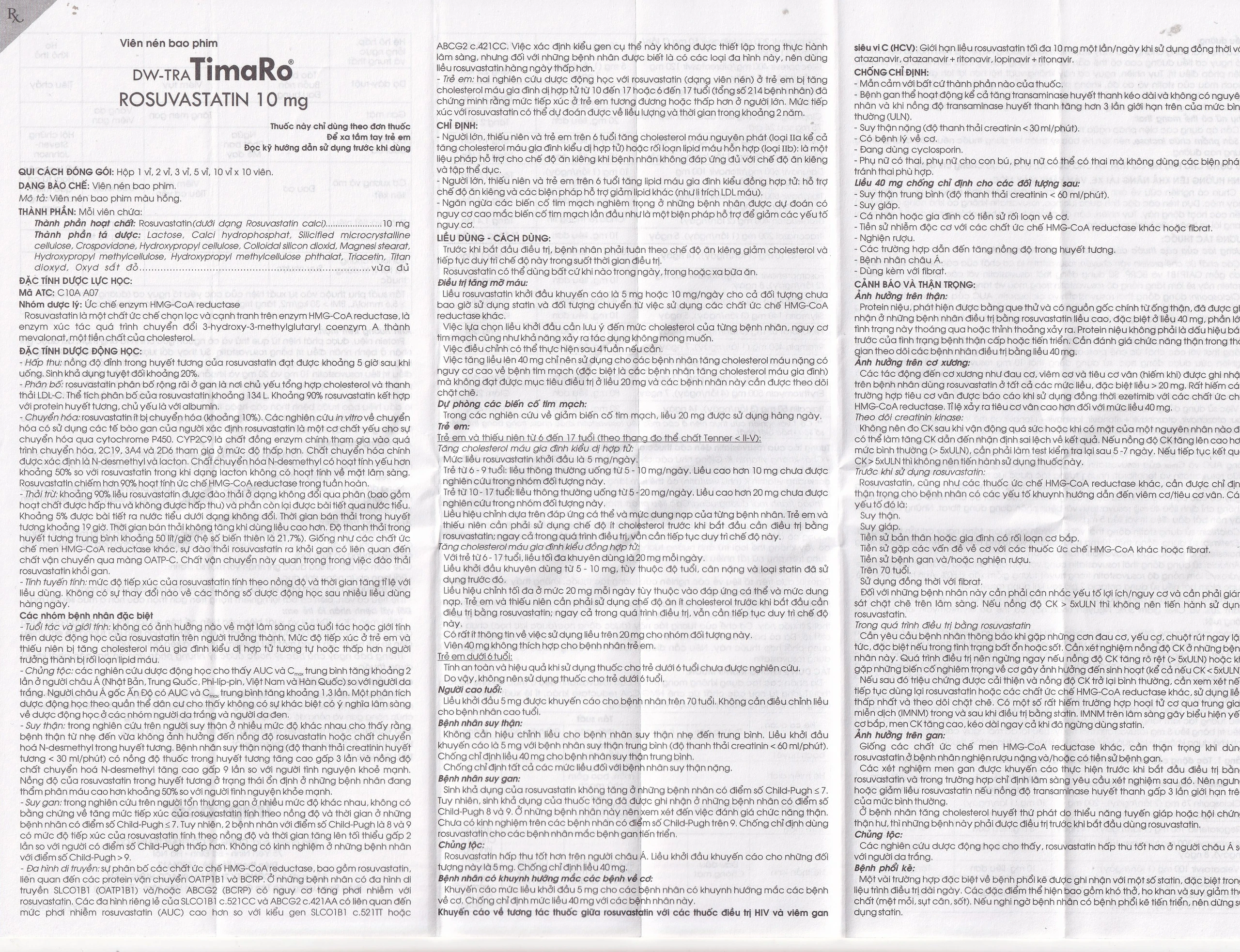 Thuốc DW-TRA TimaRo Rosuvastatin 10mg Traphaco điều trị rối loạn lipid máu ở người lớn và trẻ em (3 vỉ x 10 viên)