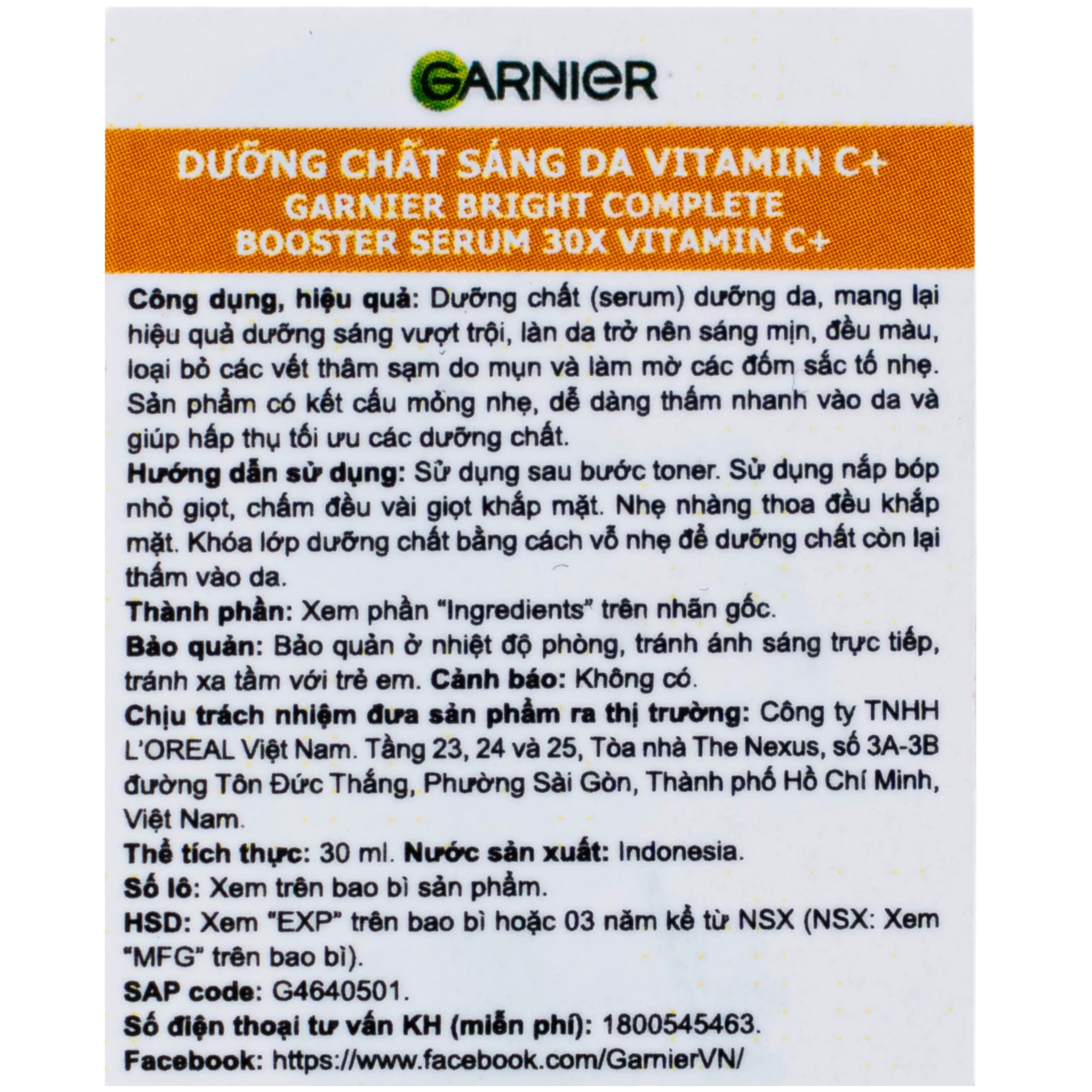 Tinh chất dưỡng sáng da, mờ thâm Garnier Skin Naturals Bright Complete 30x Vitamin C Booster Serum 30ml 2