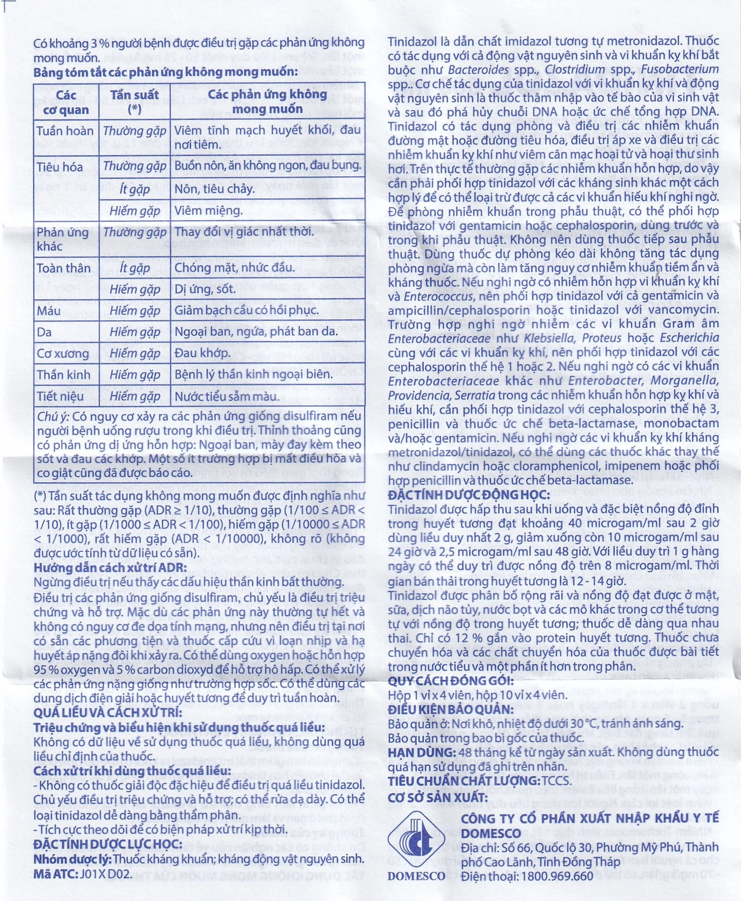 Thuốc Tinidazol 500mg Domesco dự phòng nhiễm khuẩn sau phẫu thuật (1 vỉ x 4 viên)