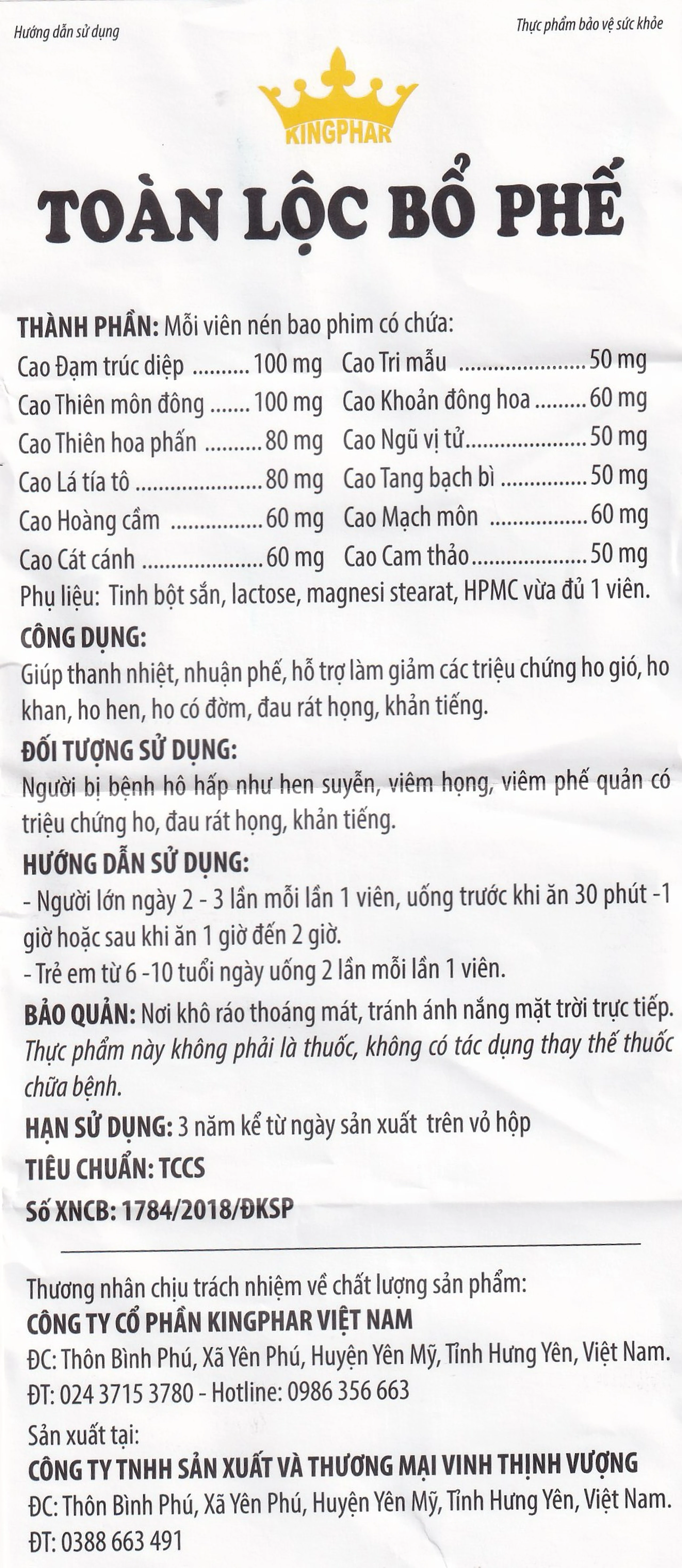 Viên uống giúp thanh nhiệt, nhuận phế, giảm ho Toàn Lộc Bổ Phế Kingphar (60 viên)