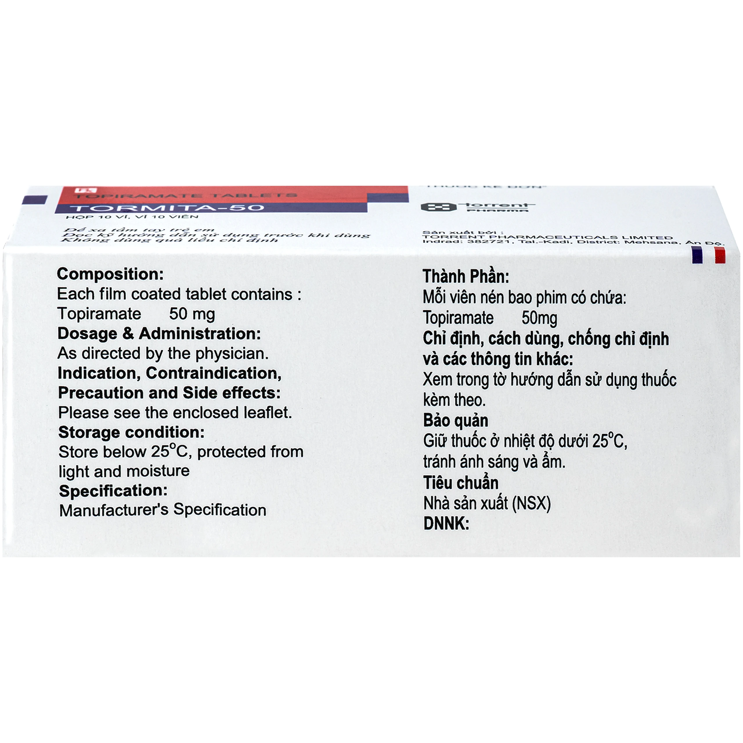 Thuốc Tormita 50mg Torrent điều trị đơn độc hoặc hỗ trợ cơn động kinh khởi phát cục bộ hoặc có cơn động kinh toàn thể có co cứng, giật rung, phòng ngừa đau nửa đầu (10 vỉ x 10 viên) 3