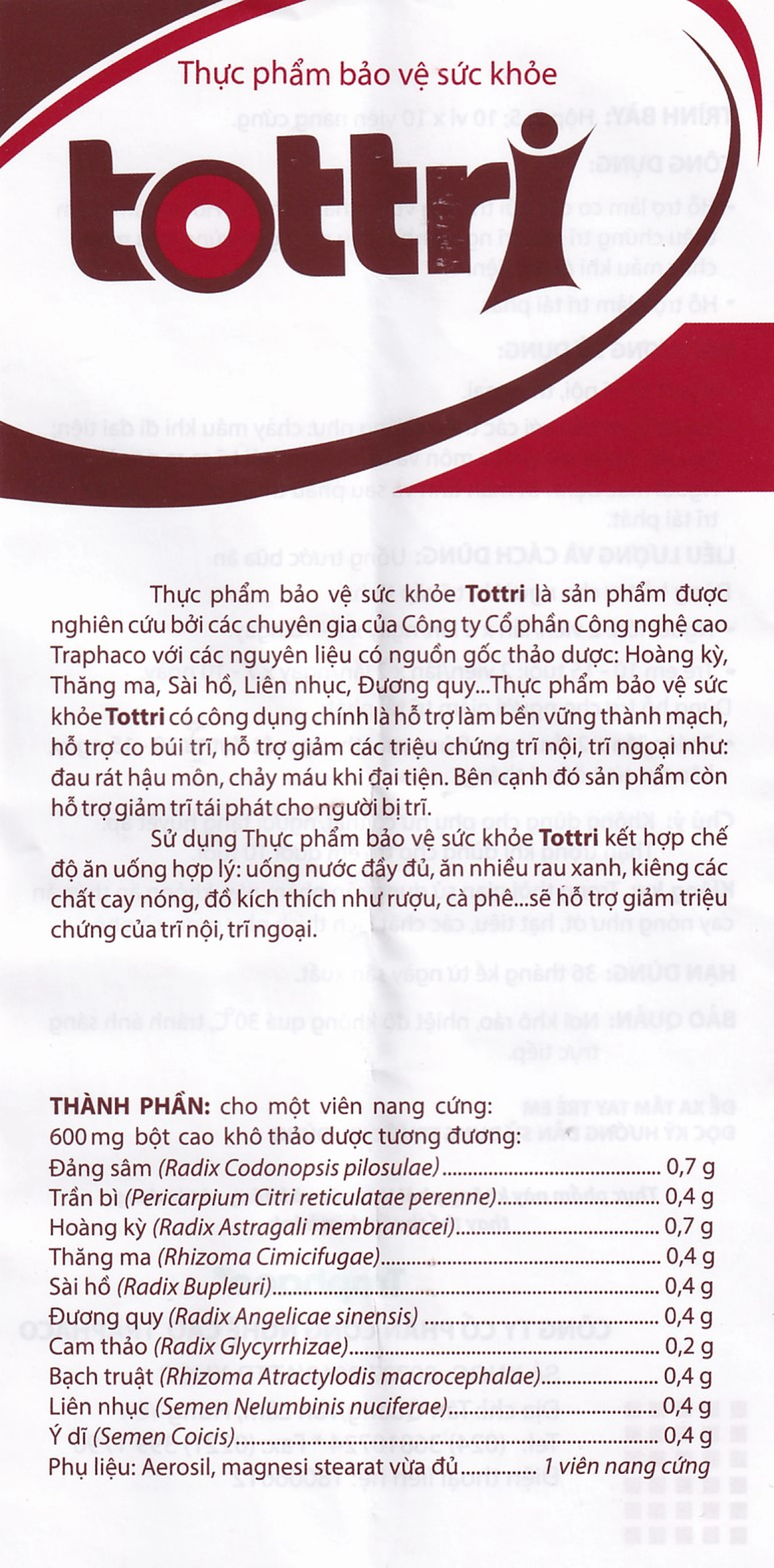 Viên hỗ trợ làm giảm triệu chứng trĩ nội, trĩ ngoại Tottri Traphaco (3 vỉ x 10 viên)