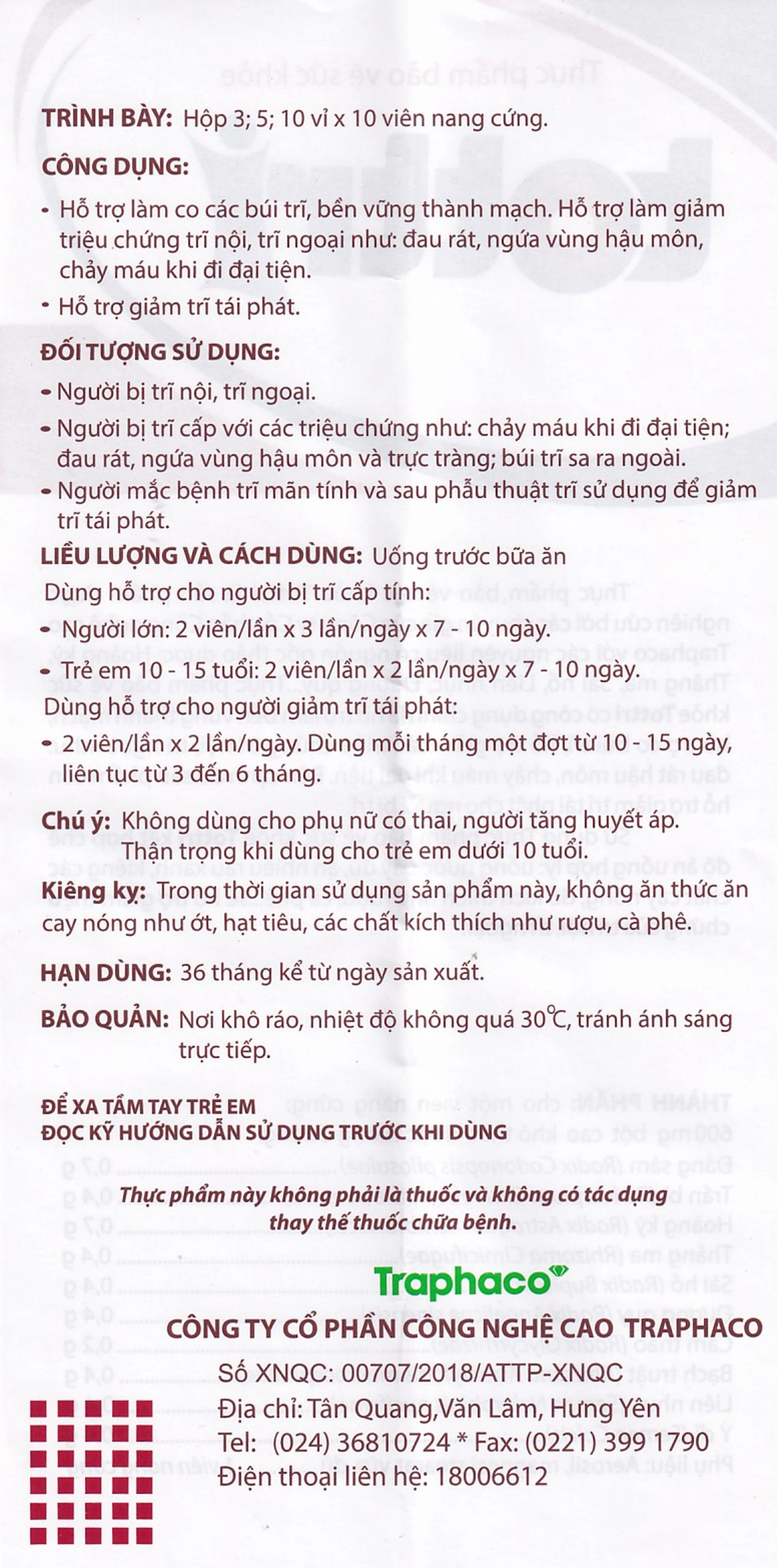 Viên hỗ trợ làm giảm triệu chứng trĩ nội, trĩ ngoại Tottri Traphaco (3 vỉ x 10 viên)