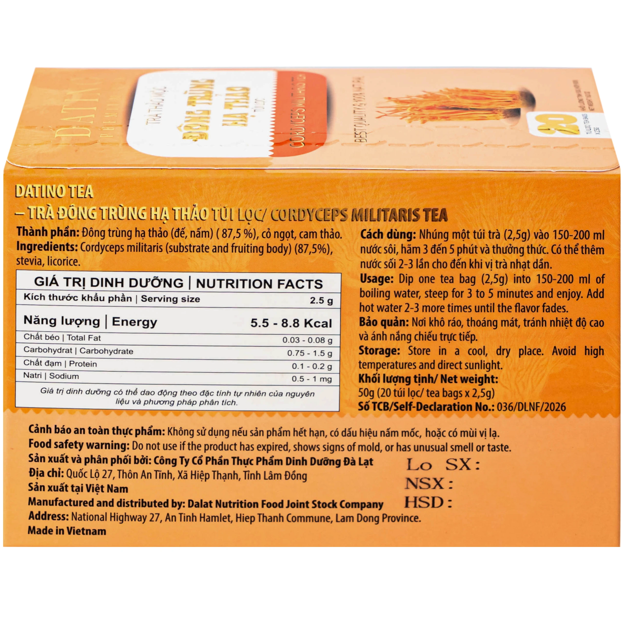 Trà thảo mộc đông trùng hạ thảo túi lọc Datino premium tea (20 túi x 2,5g)