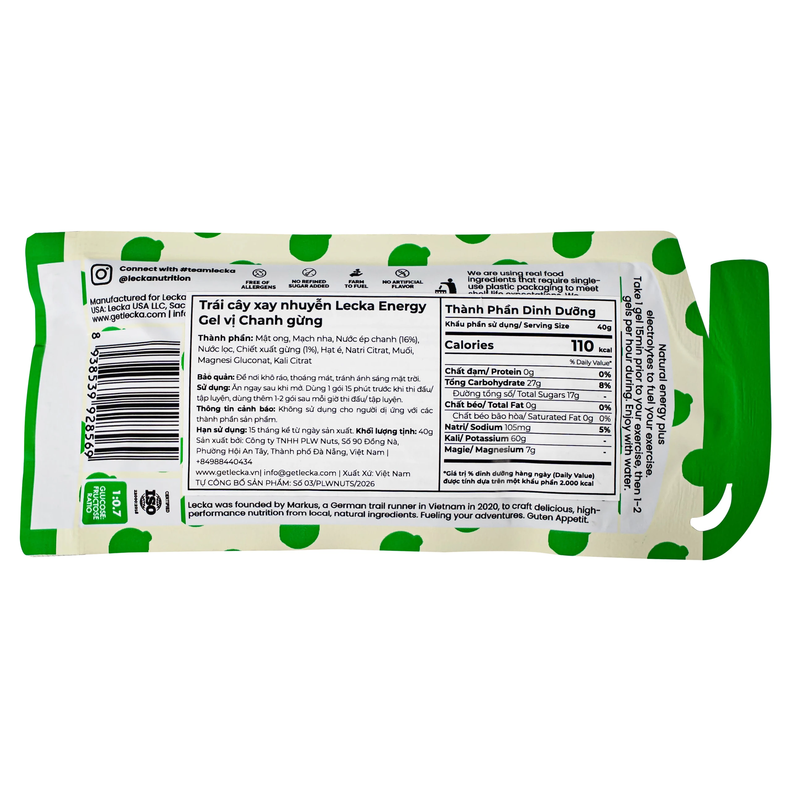 Gel năng lượng Lecka vị chanh gừng 12 gói x 40g