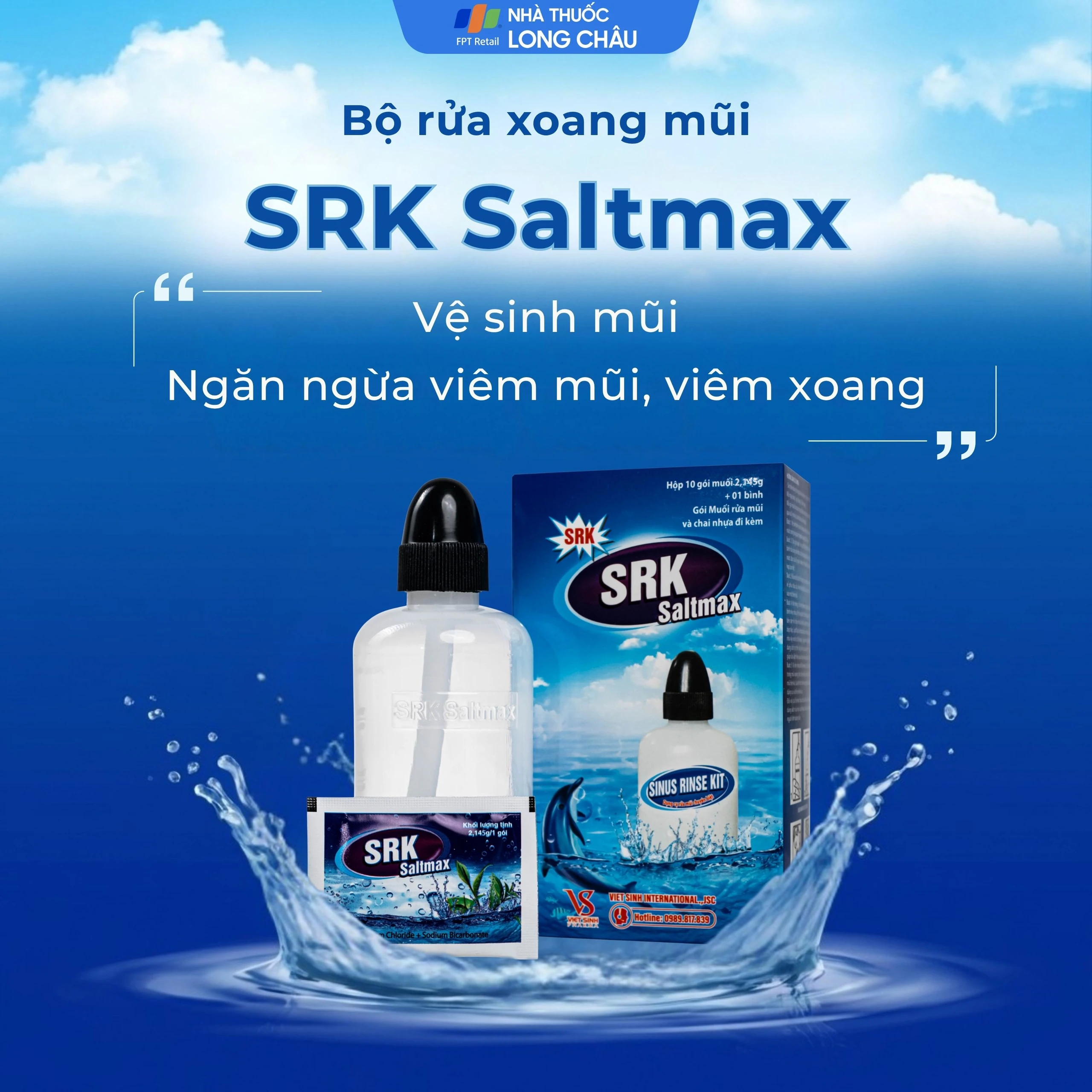 Bộ rửa xoang mũi SRK Saltmax (1 bình + 10 gói) vệ sinh mũi, ngăn ngừa viêm mũi, viêm xoang