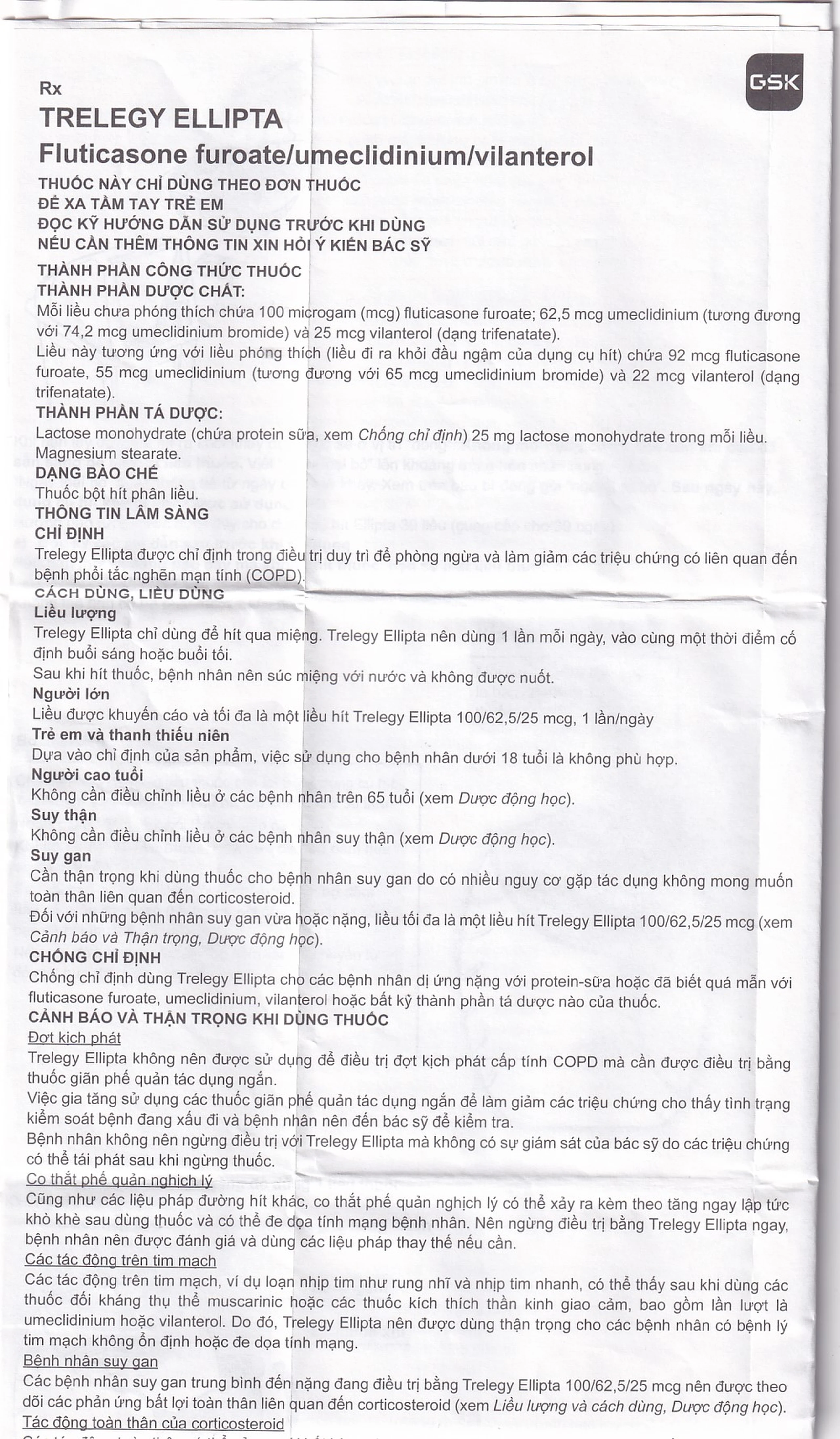 Thuốc bột hít phân liều Trelegy Ellipta GSK điều trị bệnh phổi tắc nghẽn mãn tính (30 liều hít)