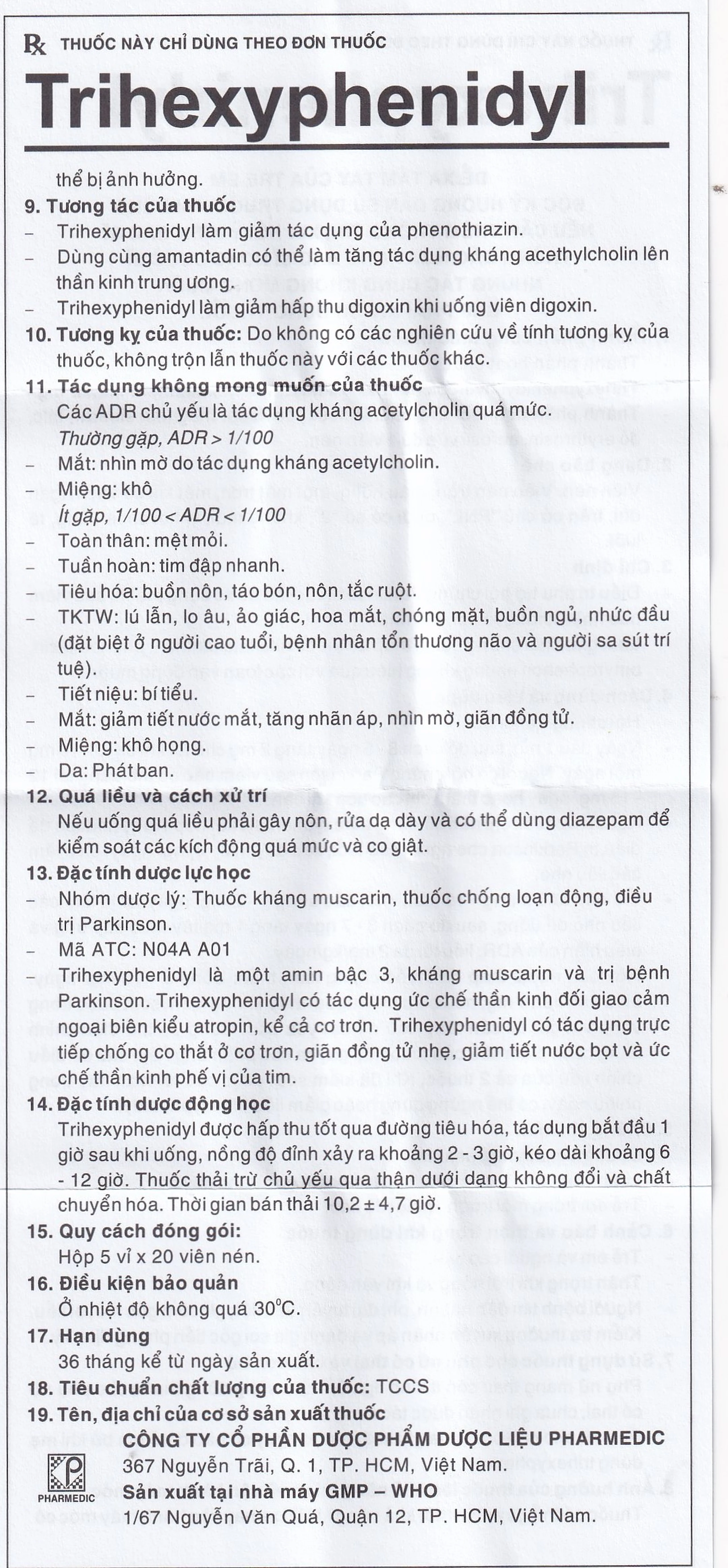 Thuốc Trihexyphenidyl Pharmedic điều trị phụ trợ hội chứng Parkinson (5 vỉ x 20 viên)
