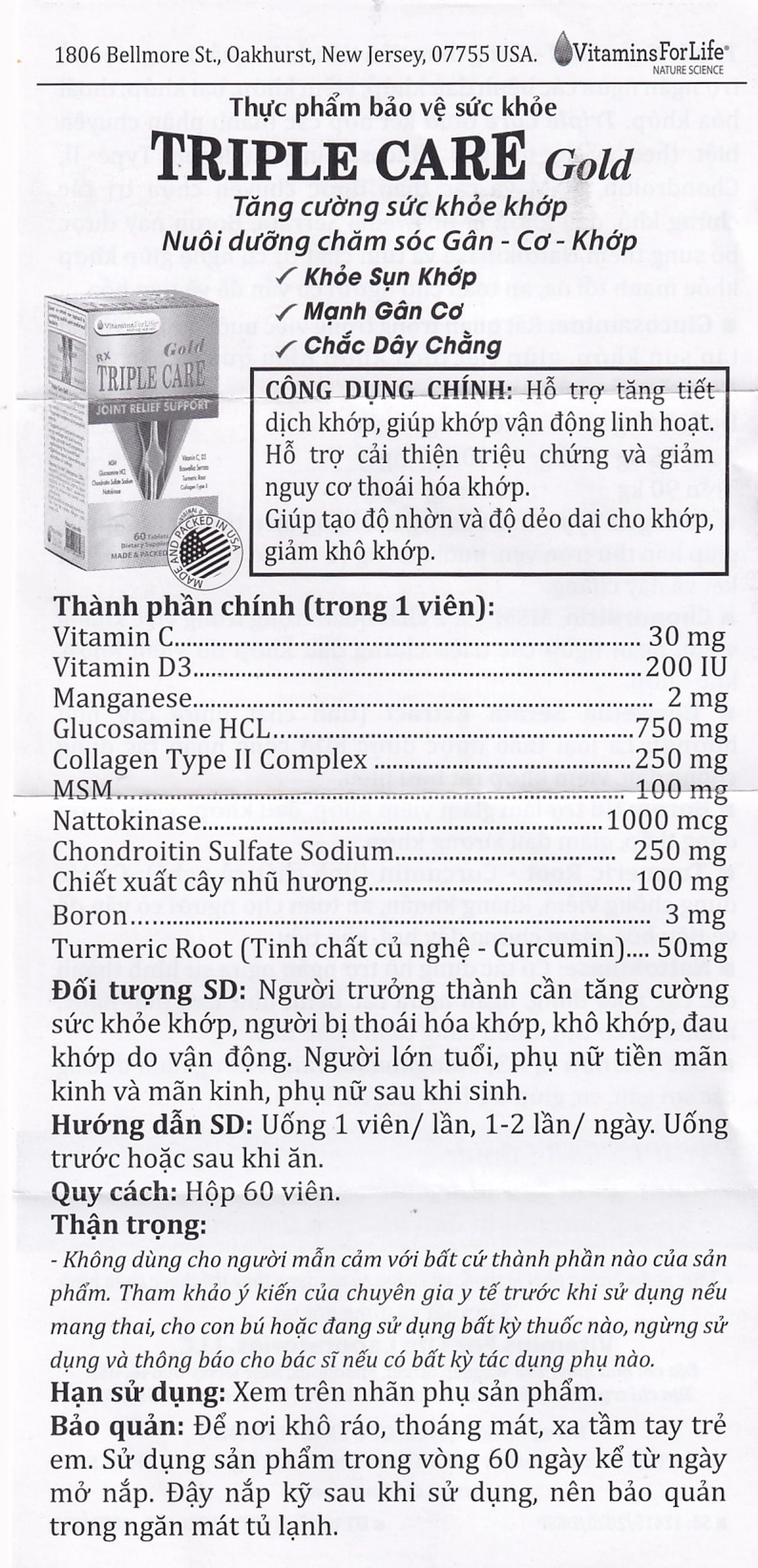 Viên uống giúp tăng tiết dịch khớp, giảm thoái hóa khớp Triple Care Gold Vitamins For Life (60 viên)
