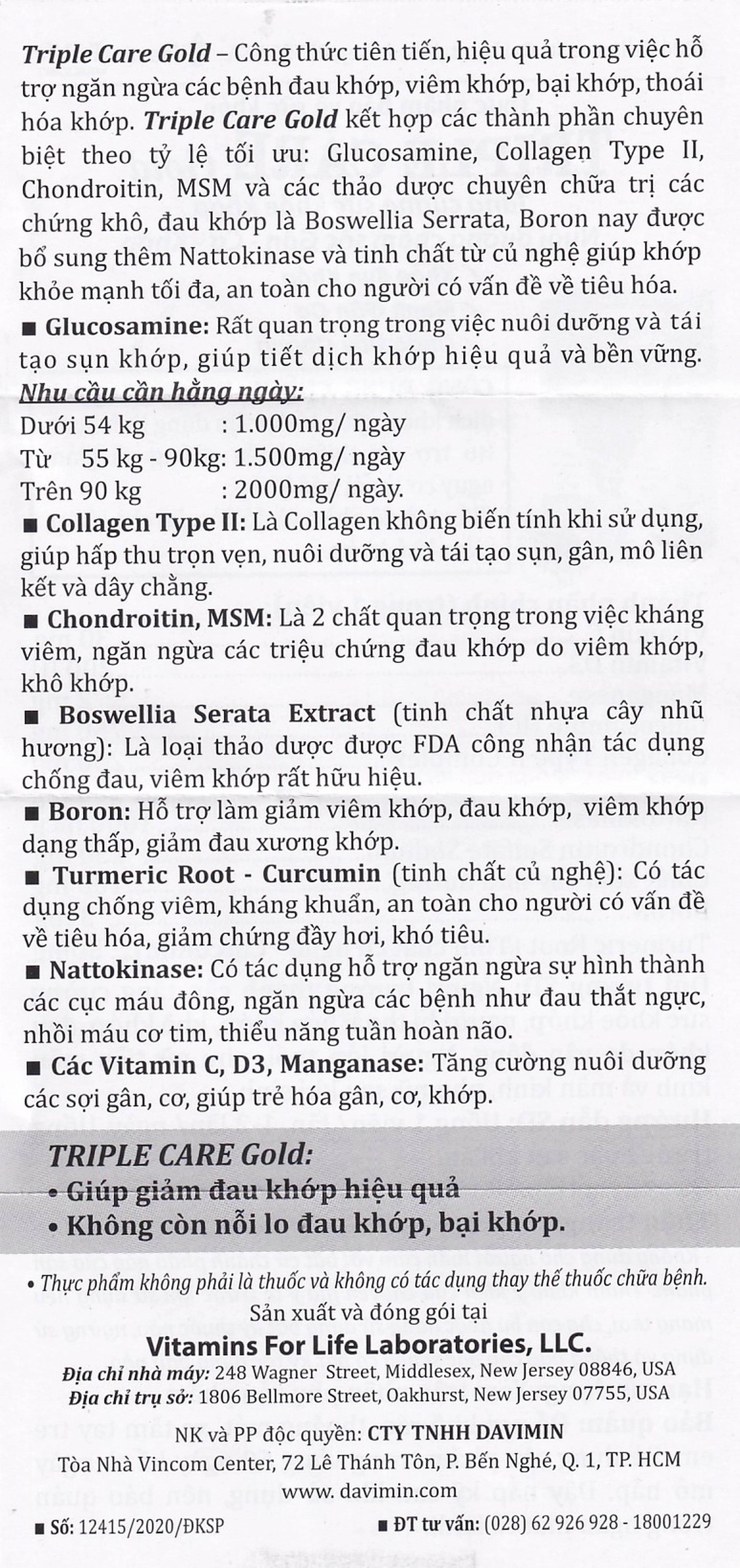 Viên uống giúp tăng tiết dịch khớp, giảm thoái hóa khớp Triple Care Gold Vitamins For Life (60 viên)