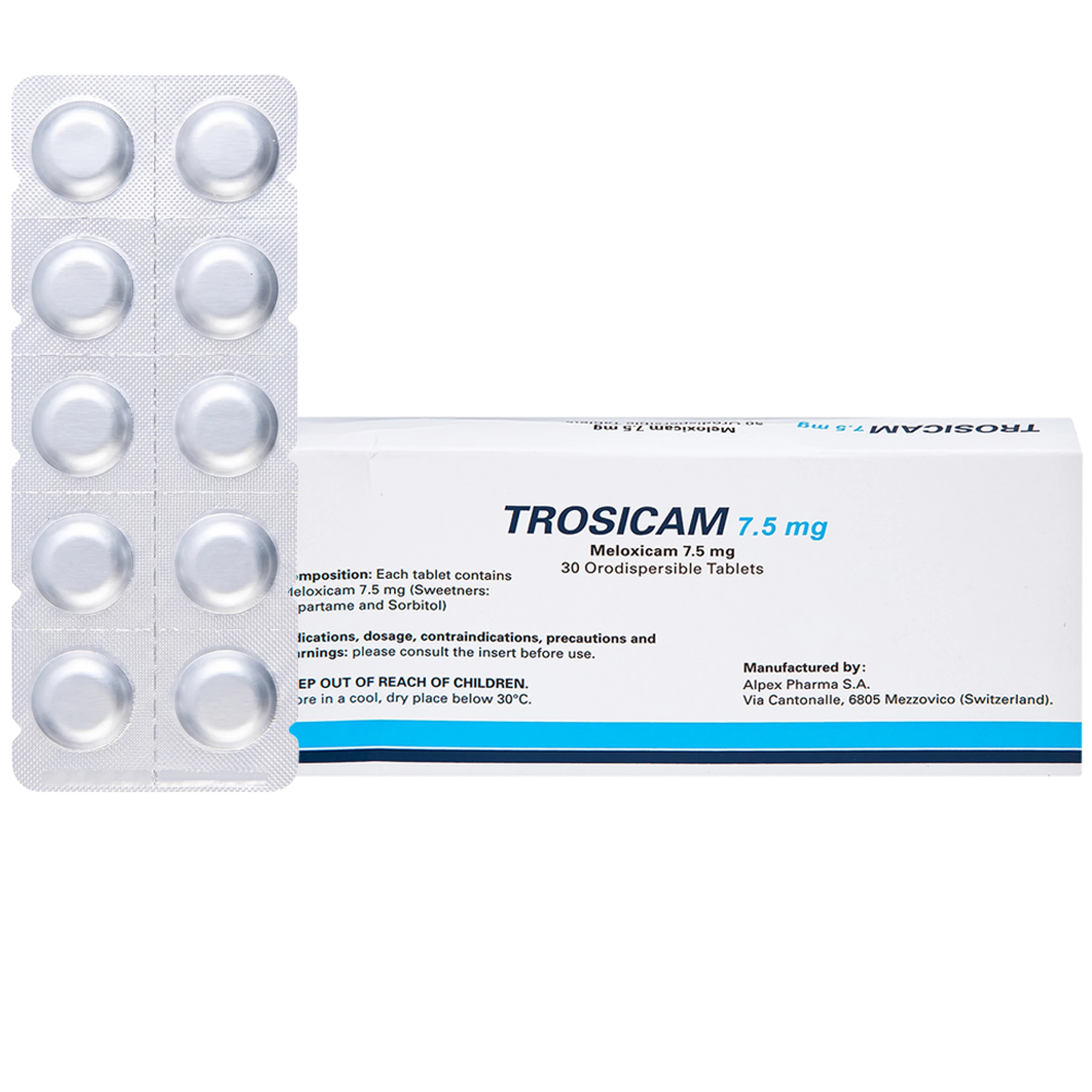Thuốc Trosicam 7.5mg Alpex Pharma điều trị viêm đau xương khớp (3 vỉ x 10 viên)