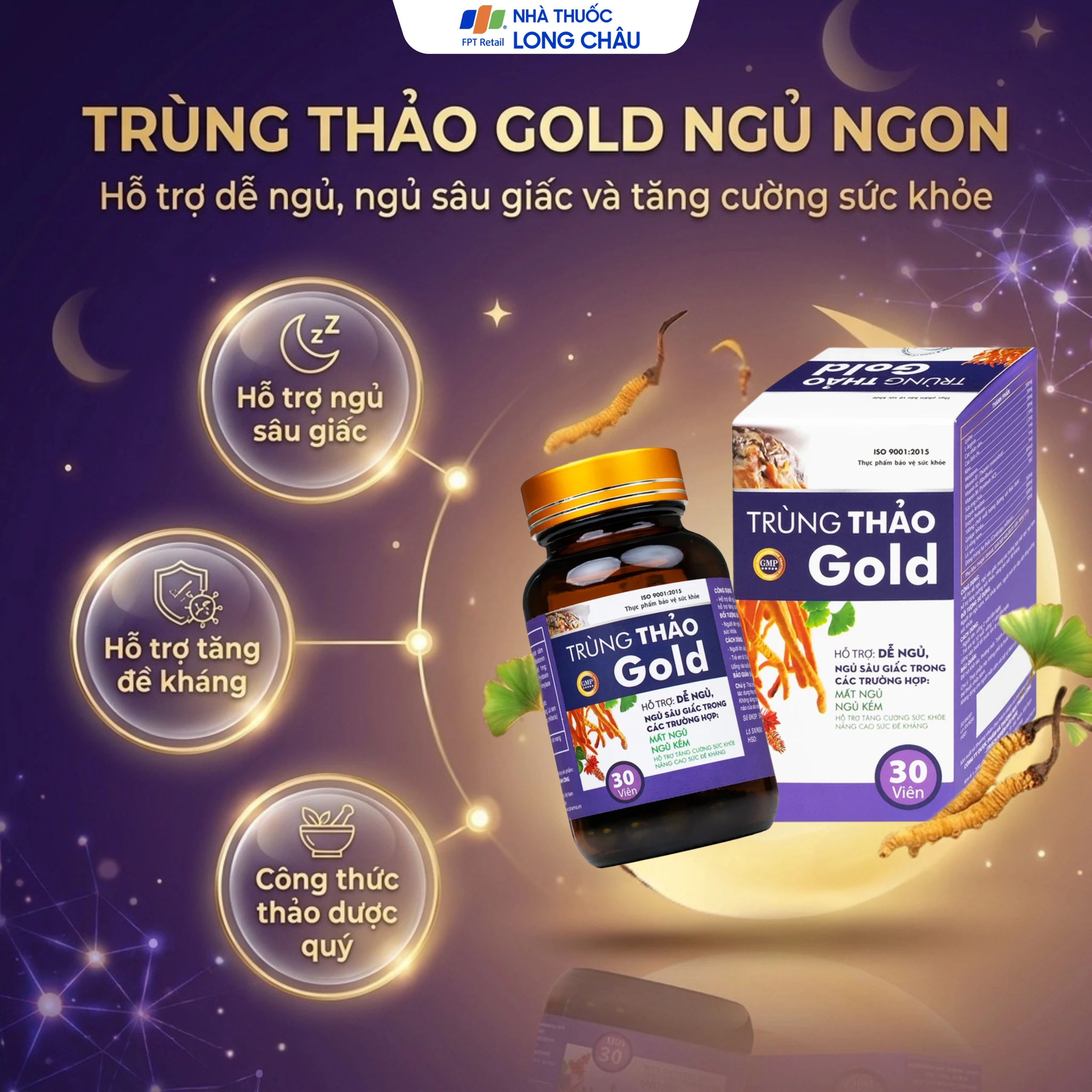 Viên uống hỗ trợ dễ ngủ, ngủ sâu giấc, tăng cường sức khỏe Trùng Thảo Gold (30 viên) 2