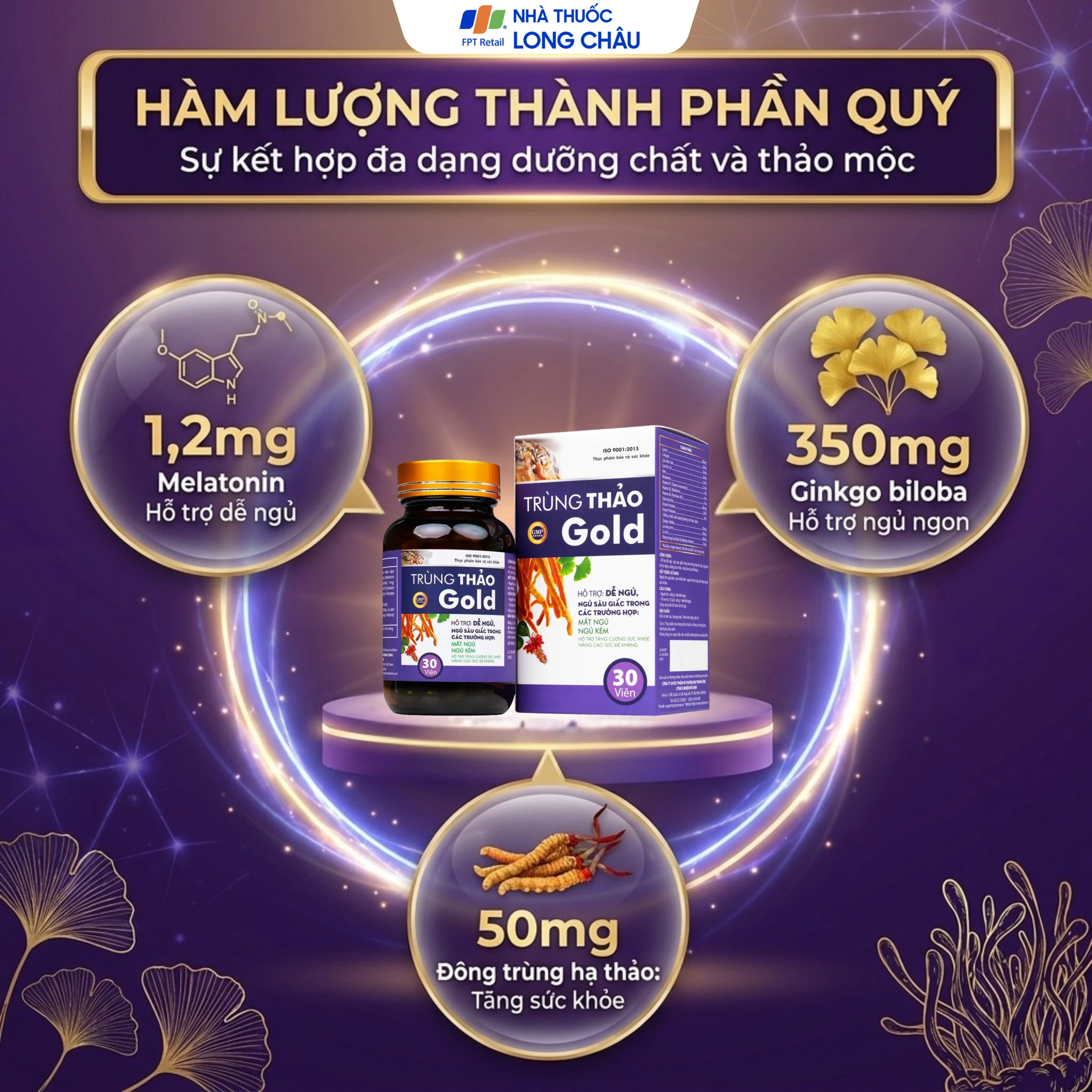 Viên uống hỗ trợ dễ ngủ, ngủ sâu giấc, tăng cường sức khỏe Trùng Thảo Gold (30 viên) 3