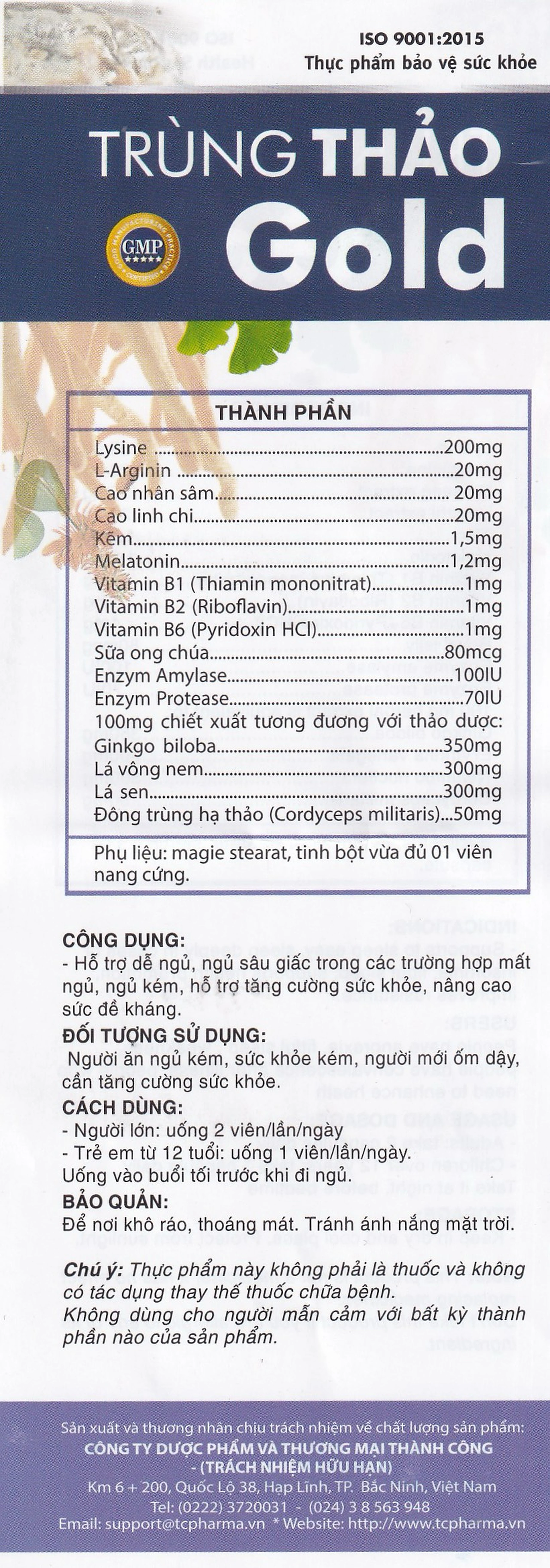 Viên uống hỗ trợ dễ ngủ, ngủ sâu giấc, tăng cường sức khỏe Trùng Thảo Gold (30 viên)