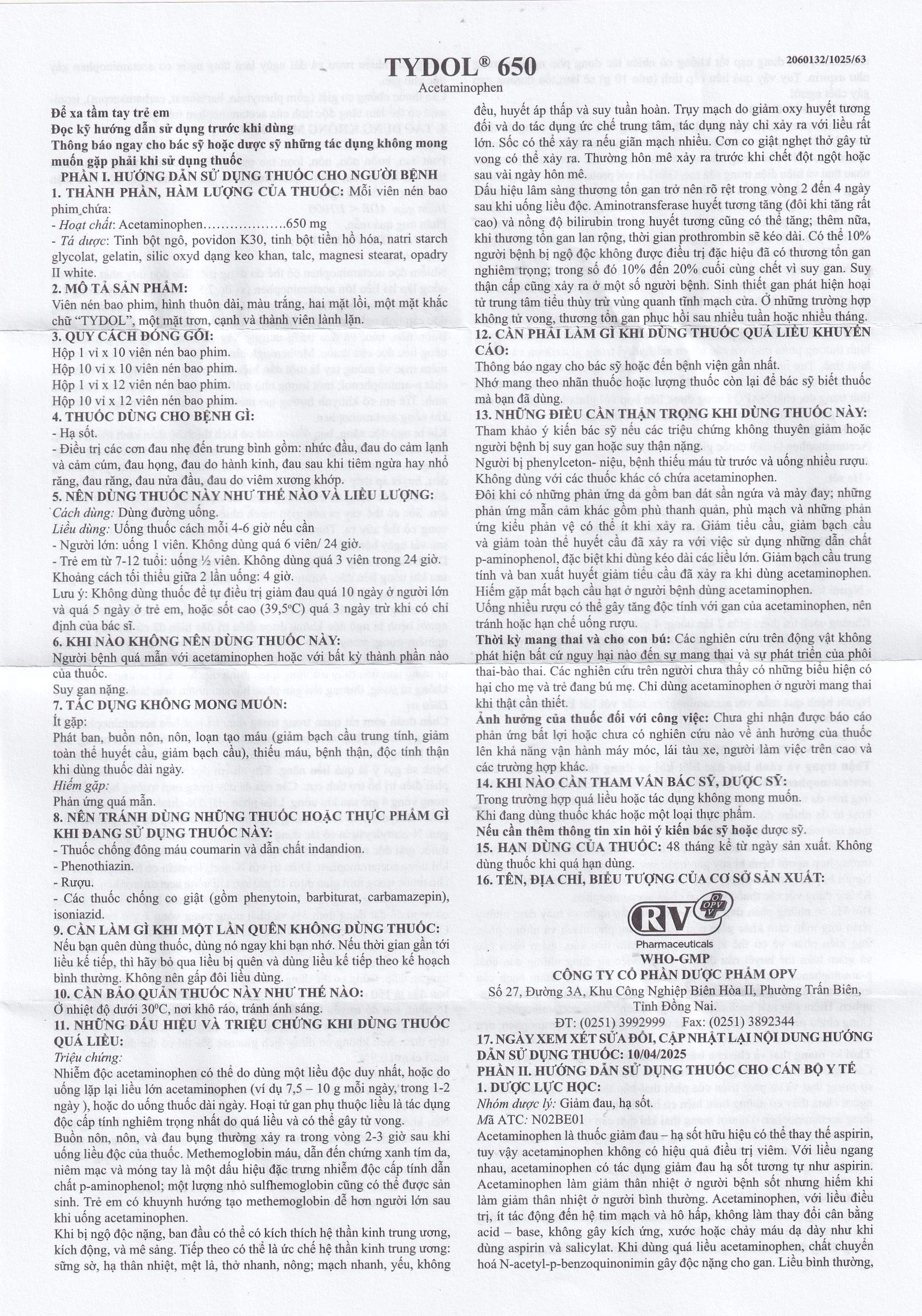 Thuốc Tydol 650 OPV giảm đau và hạ sốt từ nhẹ đến trung bình (10 vỉ x 12 viên)