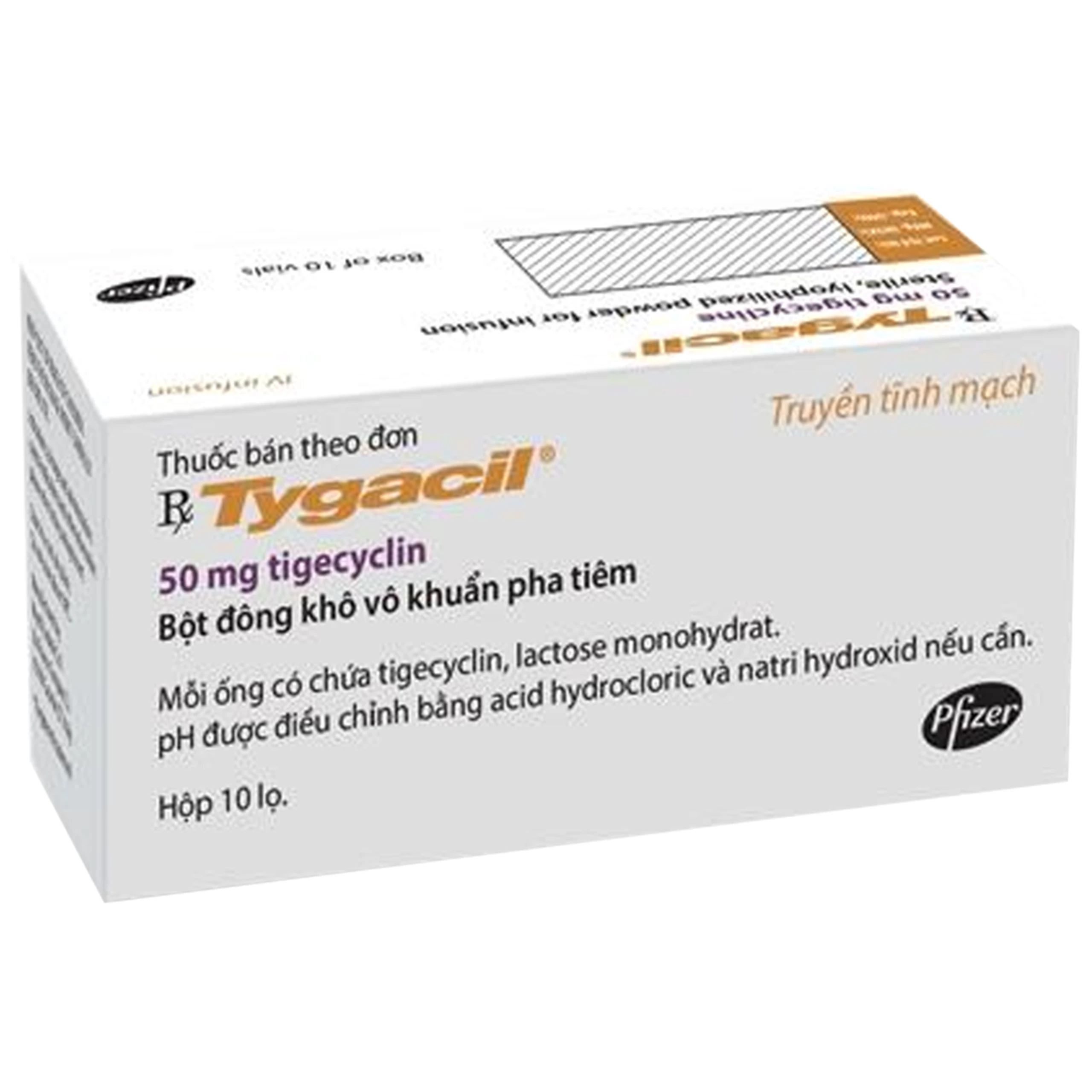 Thuốc tiêm Tygacil 50mg Pfizer điều trị các nhiễm khuẩn bởi các chủng vi khuẩn nhạy cảm (10 lọ)