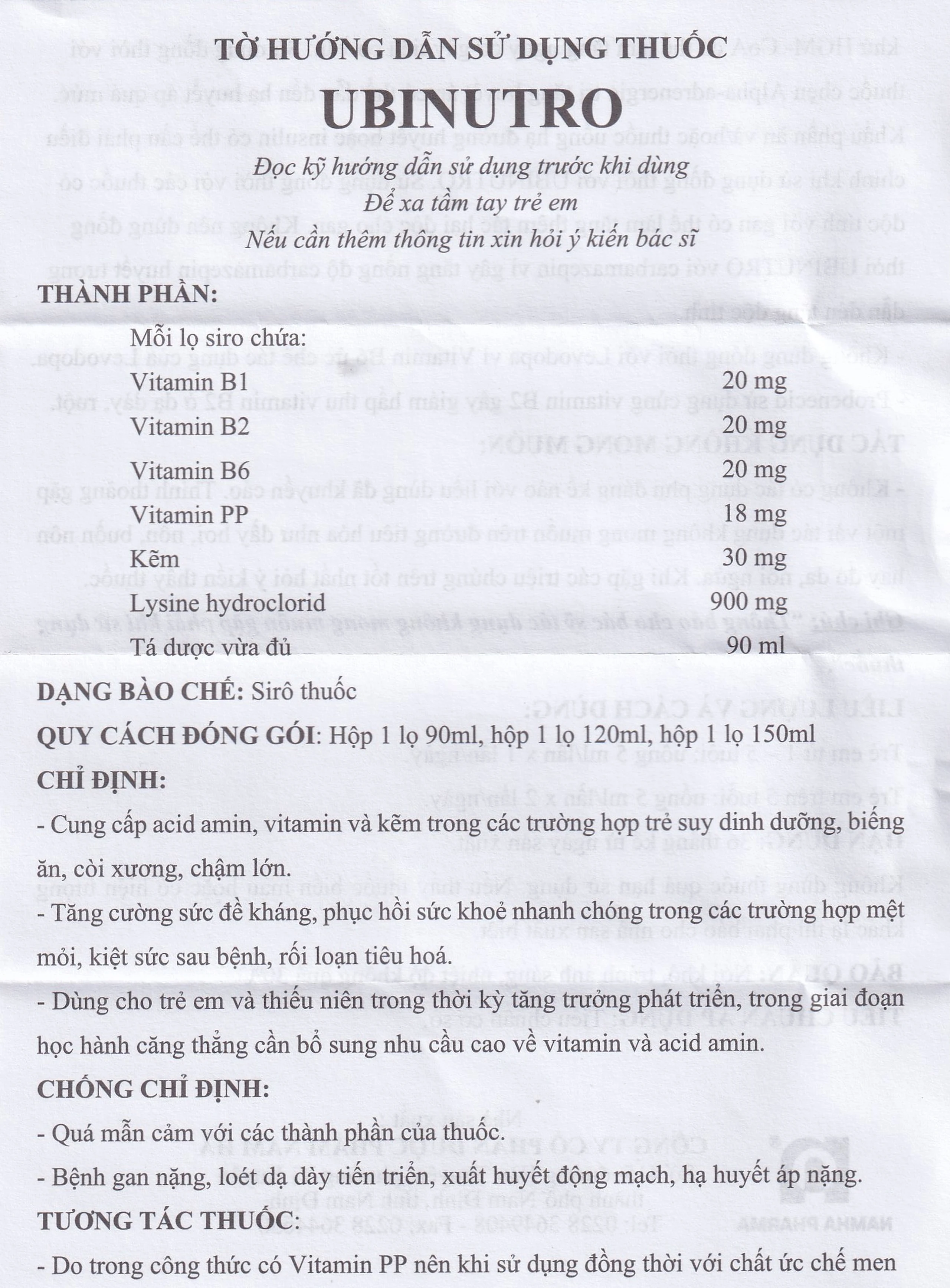 Siro Ubinutro Nam Hà bổ sung các acid amin, vitamin và kẽm (120ml)