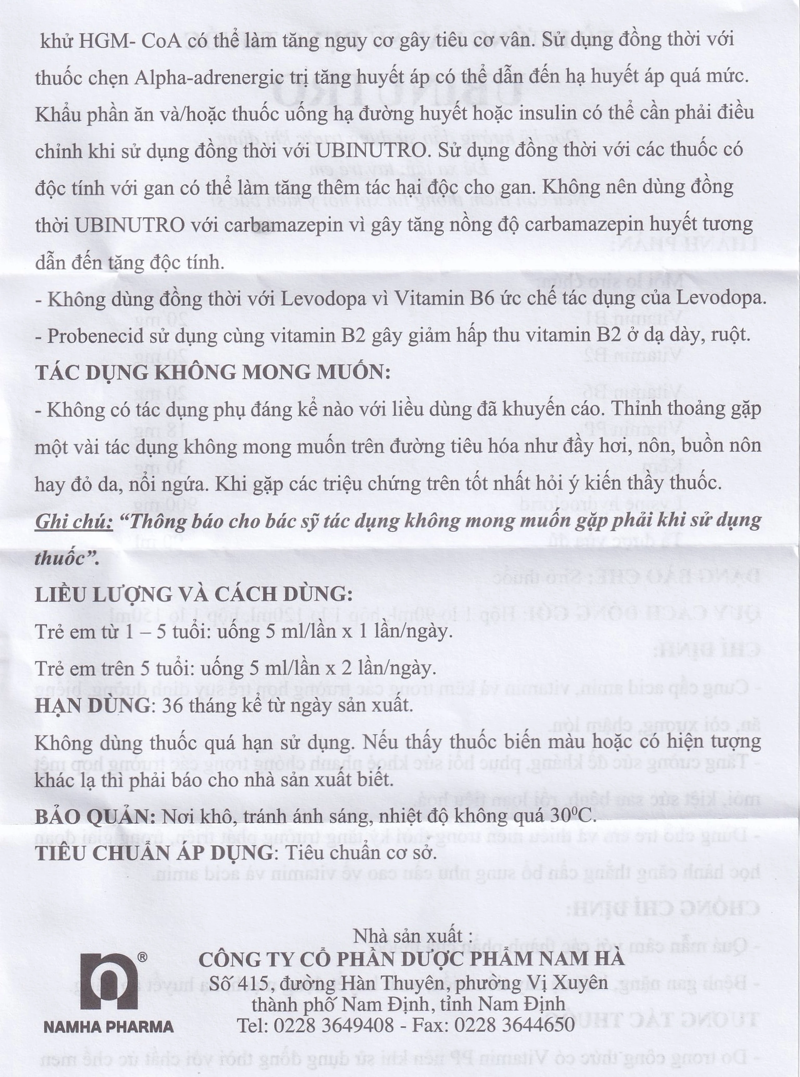 Siro Ubinutro Nam Hà bổ sung các acid amin, vitamin và kẽm (120ml)
