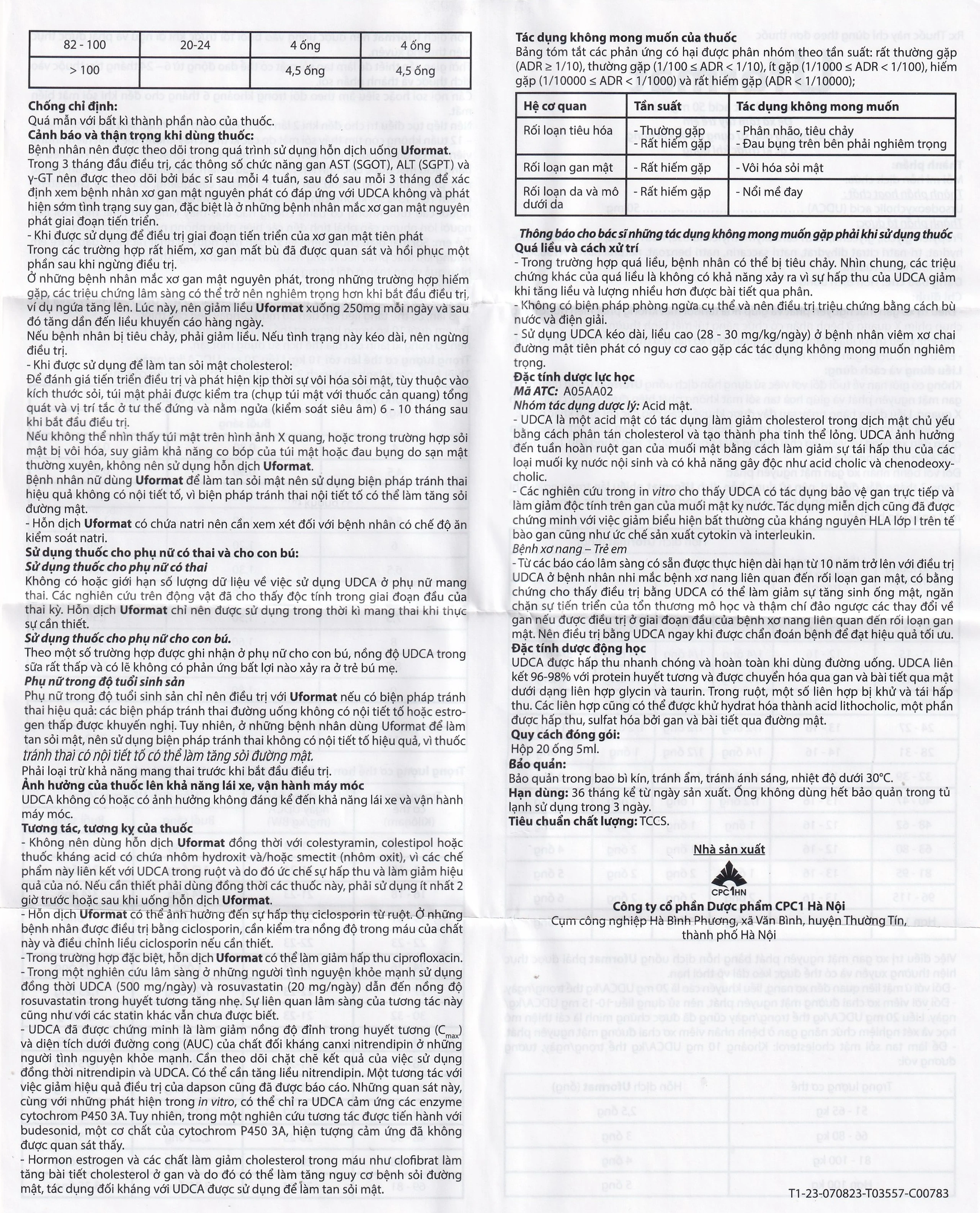 Thuốc Uformat 50mg CPC1HN điều trị xơ gan mật nguyên phát và giúp hoà tan sỏi mật (20 ống x 5ml)