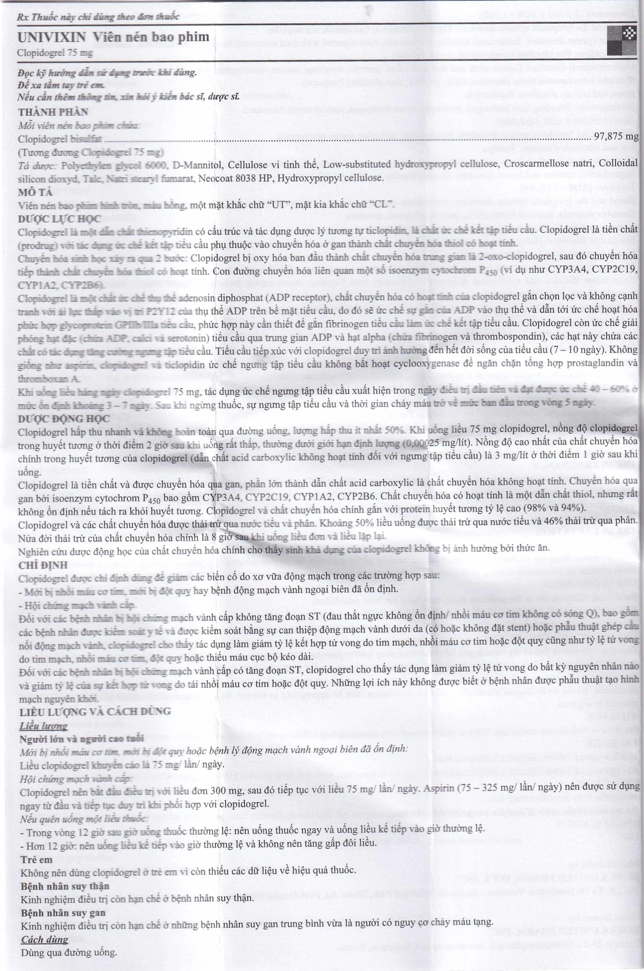Thuốc Univixin Clopidogrel 75mg Korea United giảm các biến cố do xơ vữa động mạch (3 vỉ x 10 viên)