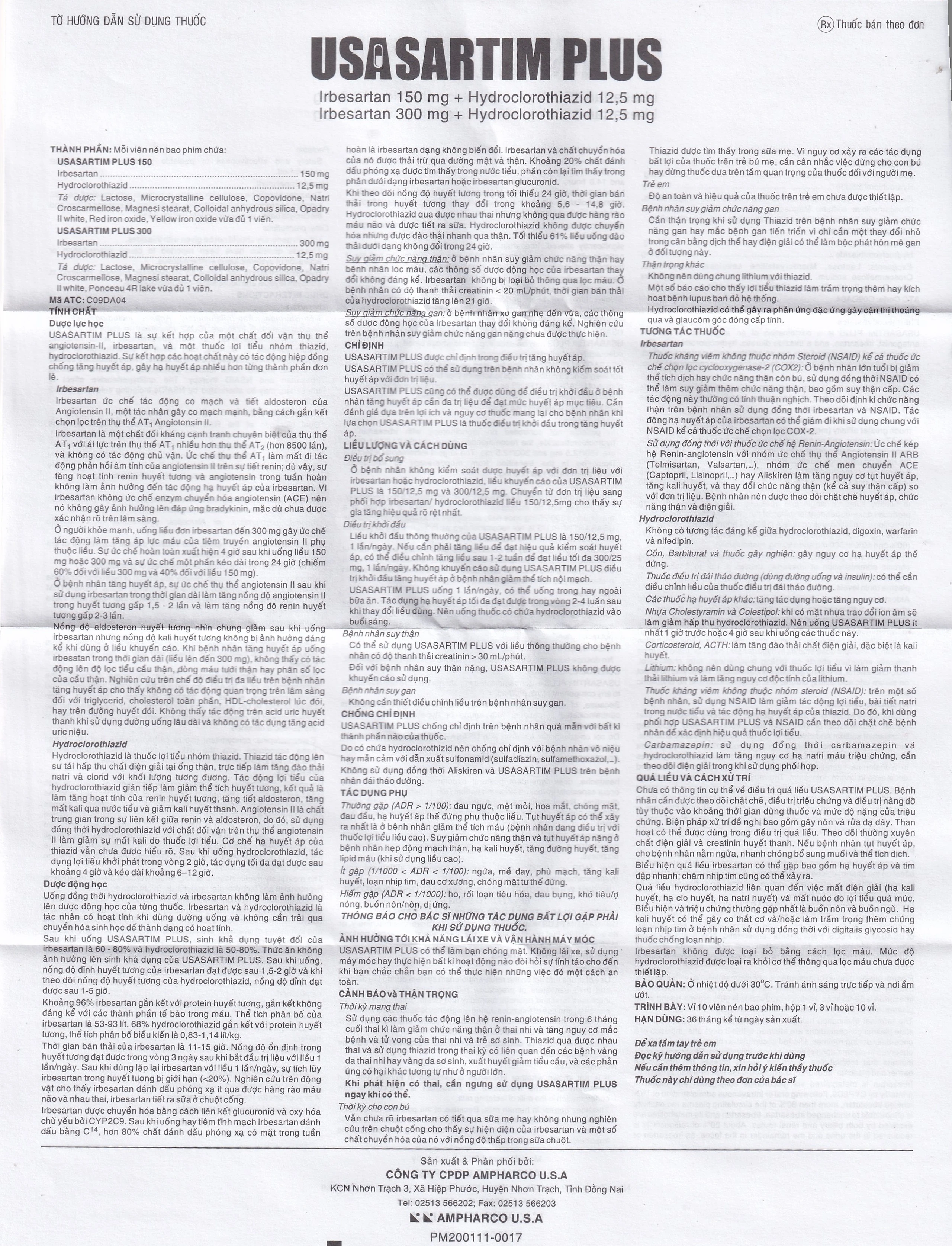 Thuốc Usasartim Plus 150 Ampharco điều trị tăng huyết áp (3 vỉ x 10 viên)