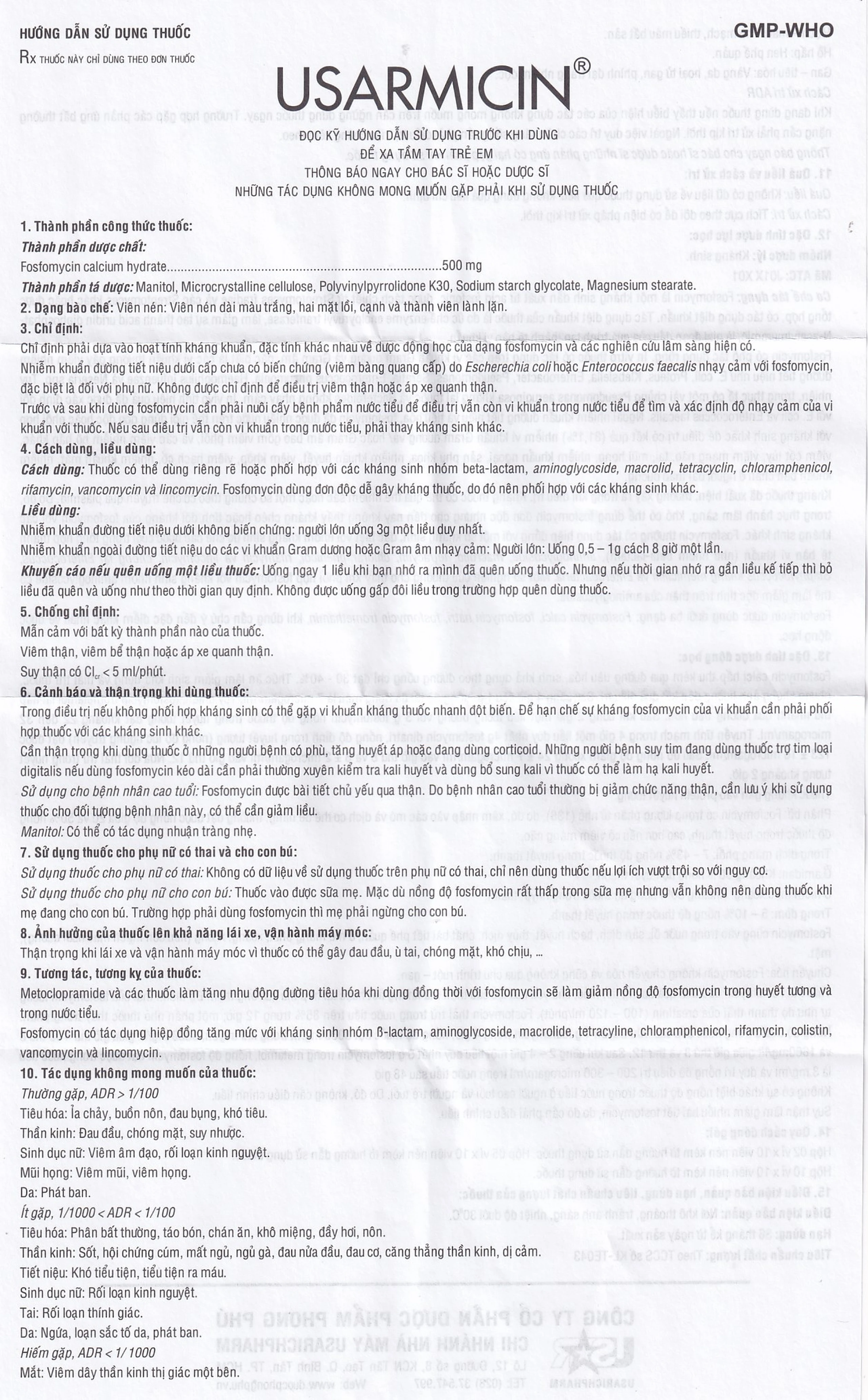 Thuốc Usarmicin Tablets 500 UsarichPharm điều trị nhiễm khuẩn đường tiết niệu (2 vỉ x 10 viên)