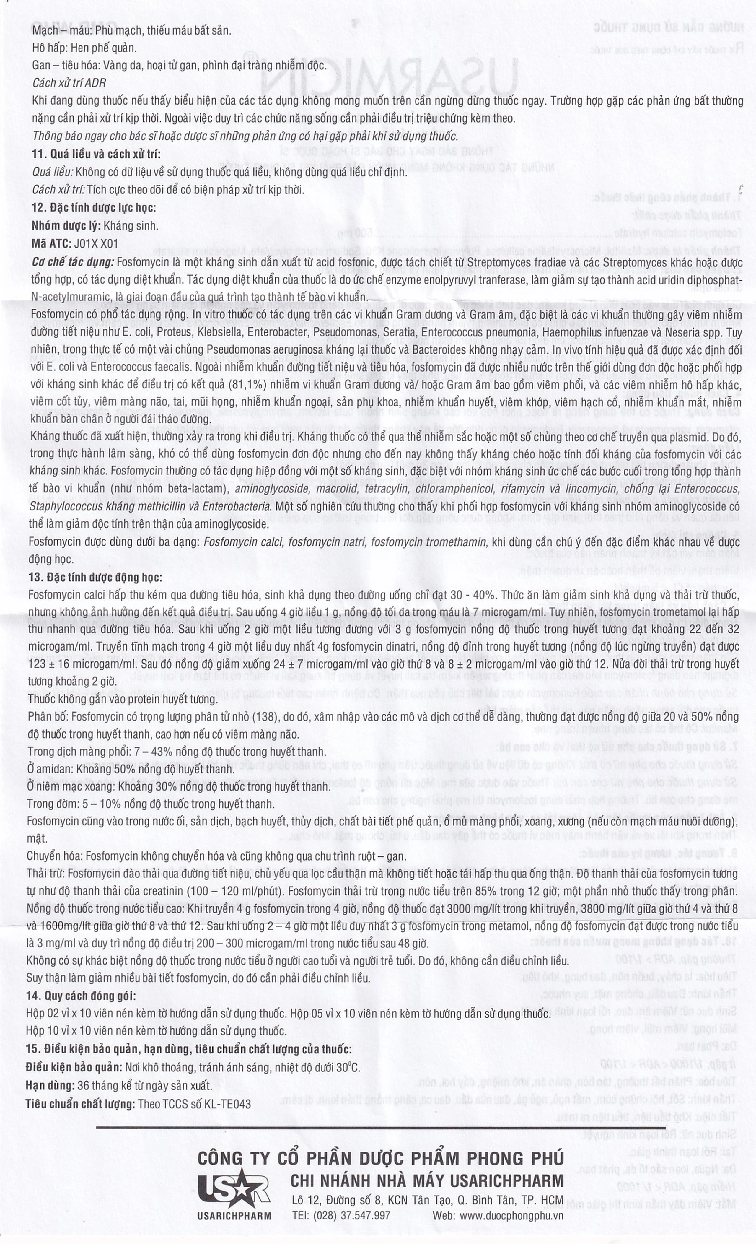 Thuốc Usarmicin Tablets 500 UsarichPharm điều trị nhiễm khuẩn đường tiết niệu (2 vỉ x 10 viên)