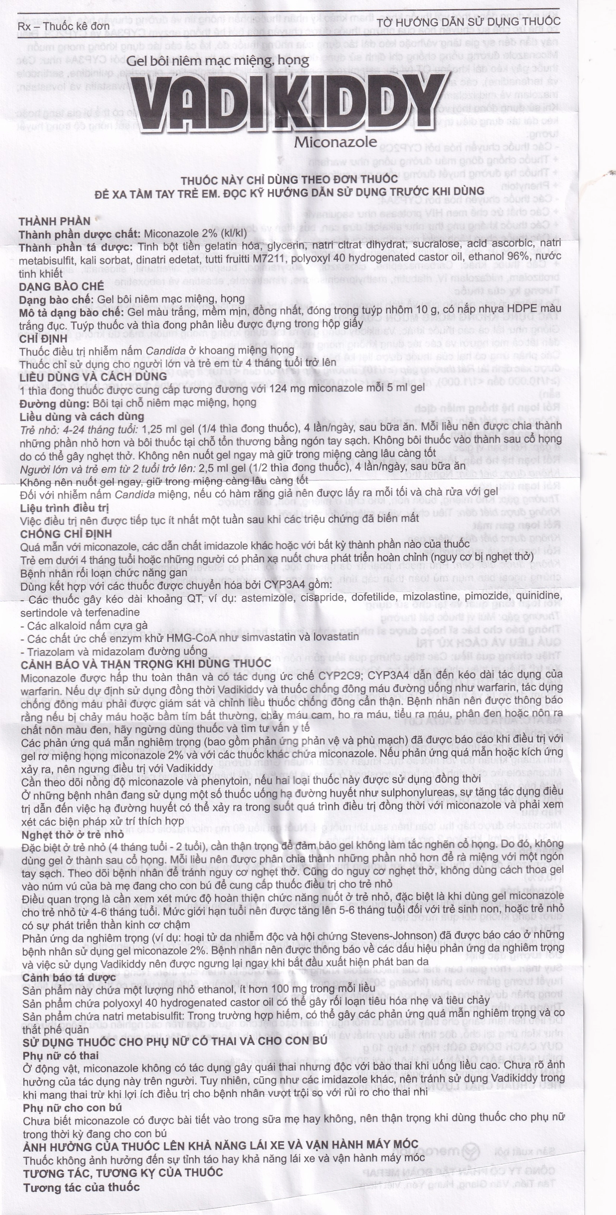 Gel niêm mạc miệng họng Vadikddy 10g Merap Gel điều trị nấm candida