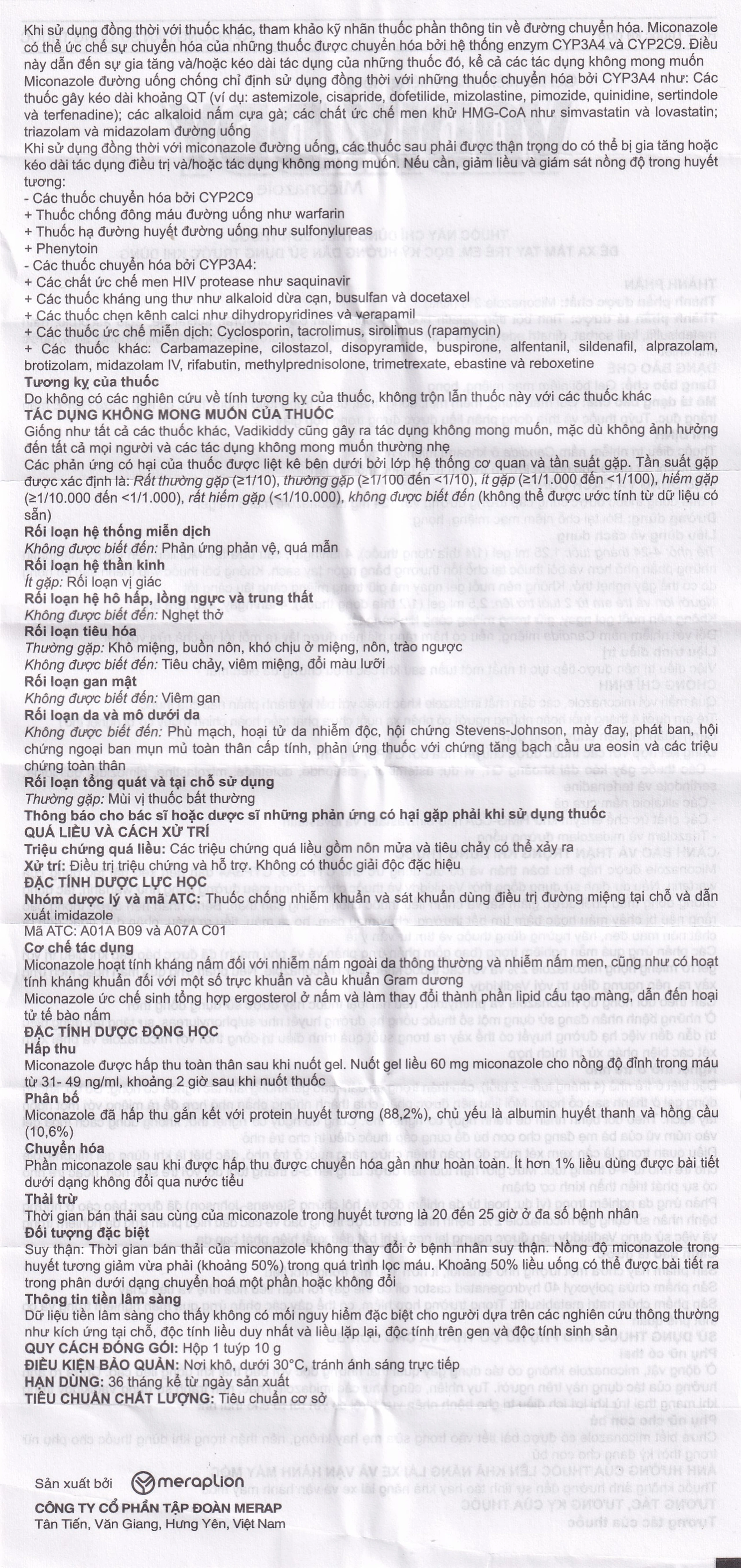 Gel niêm mạc miệng họng Vadikddy 10g Merap Gel điều trị nấm candida