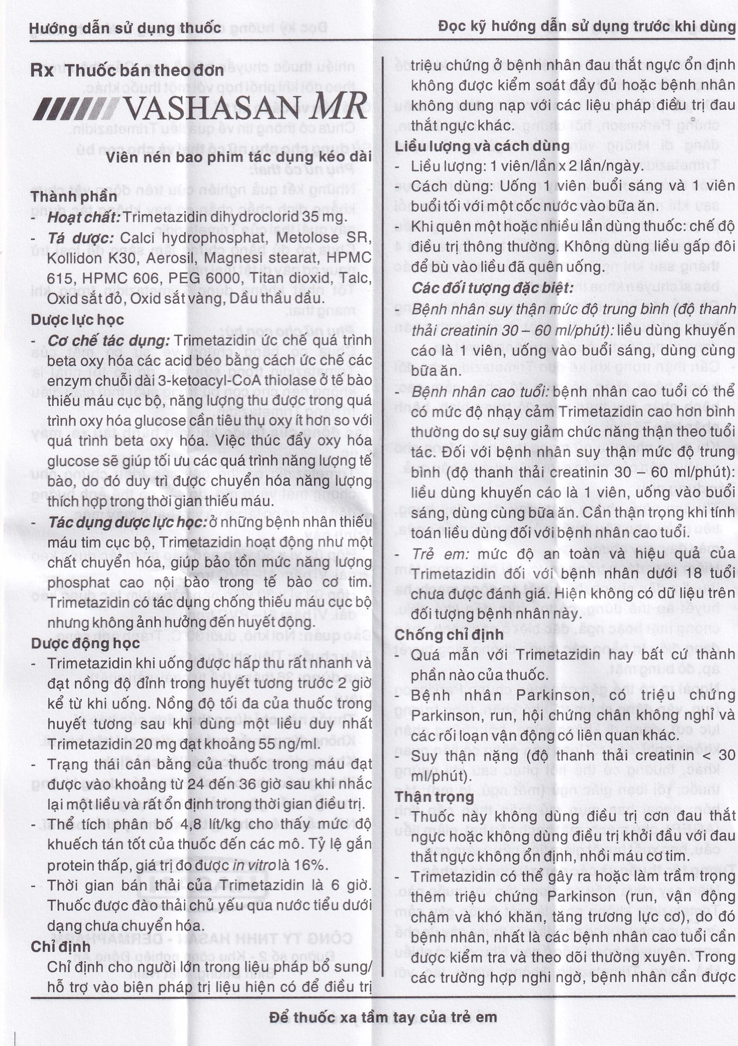 Thuốc Vashasan MR 35 Hasan điều trị đau thắt ngực (3 vỉ x 30 viên)