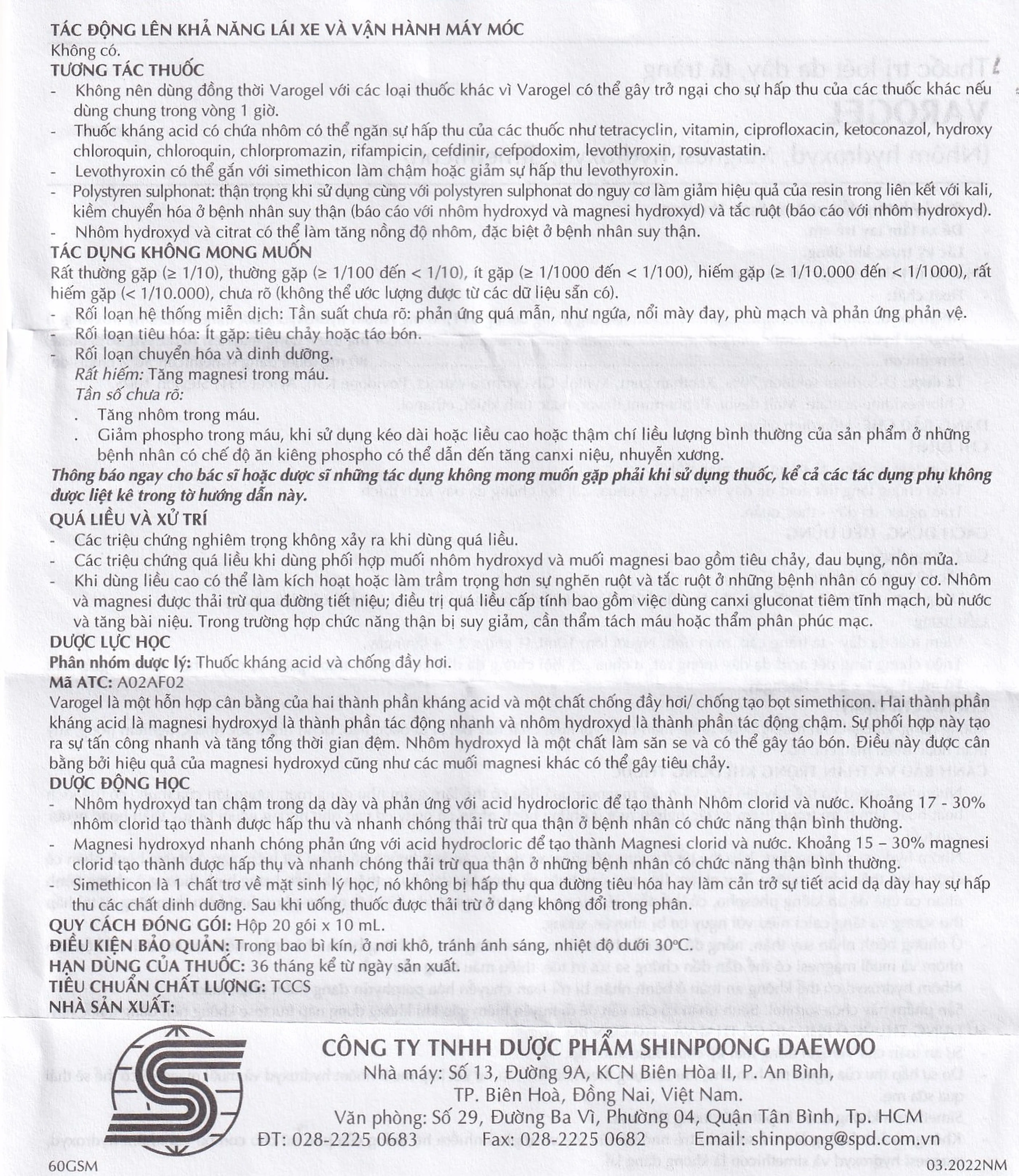 Hỗn dịch uống Varogel Shinpoong Deawoo điều trị viêm loét dạ dày, tá tràng (20 gói x 10ml)