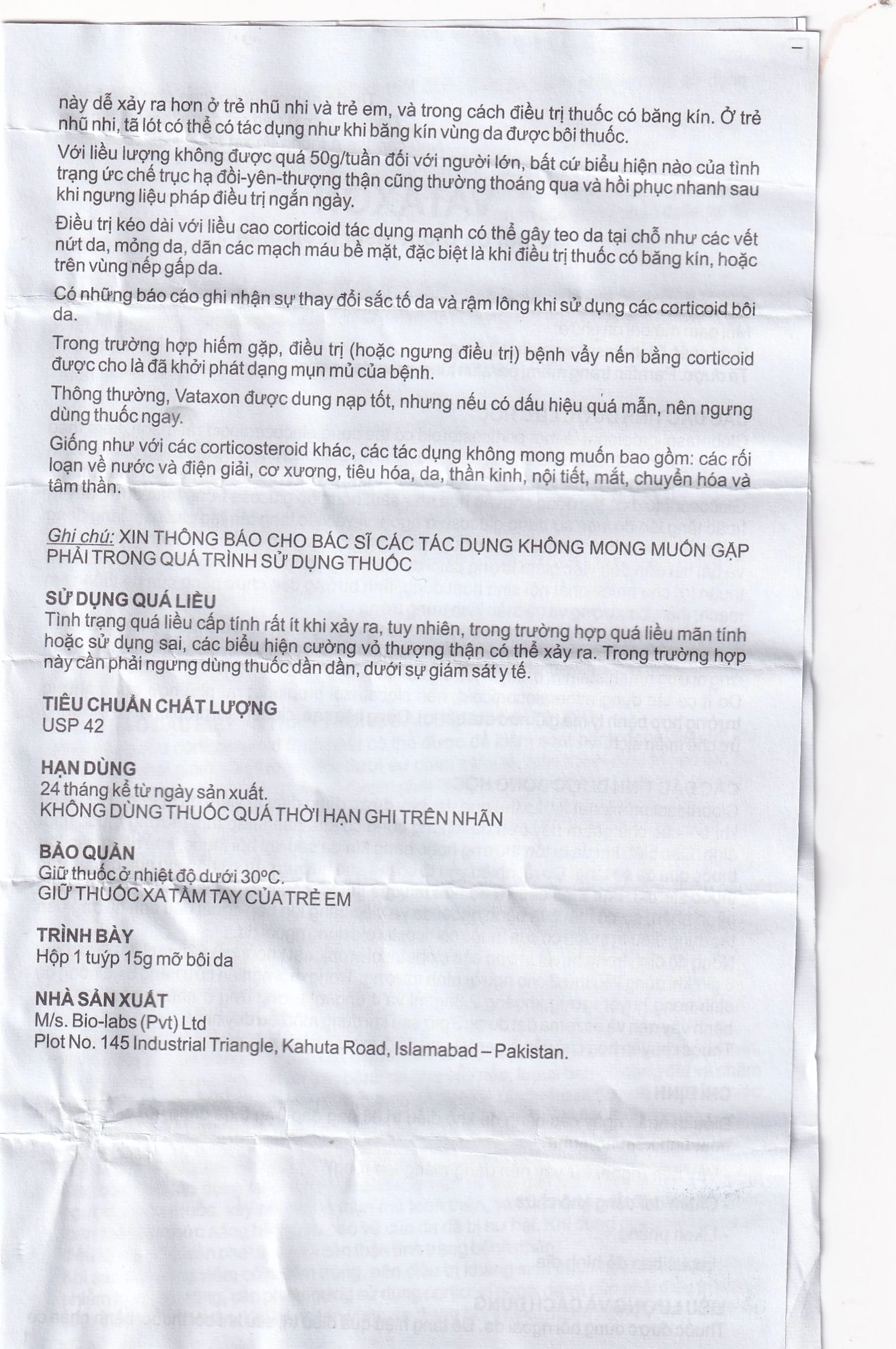 Thuốc mỡ bôi da Vataxon 15g M/s Bio-Labs điều trị ngắn ngày các bệnh da