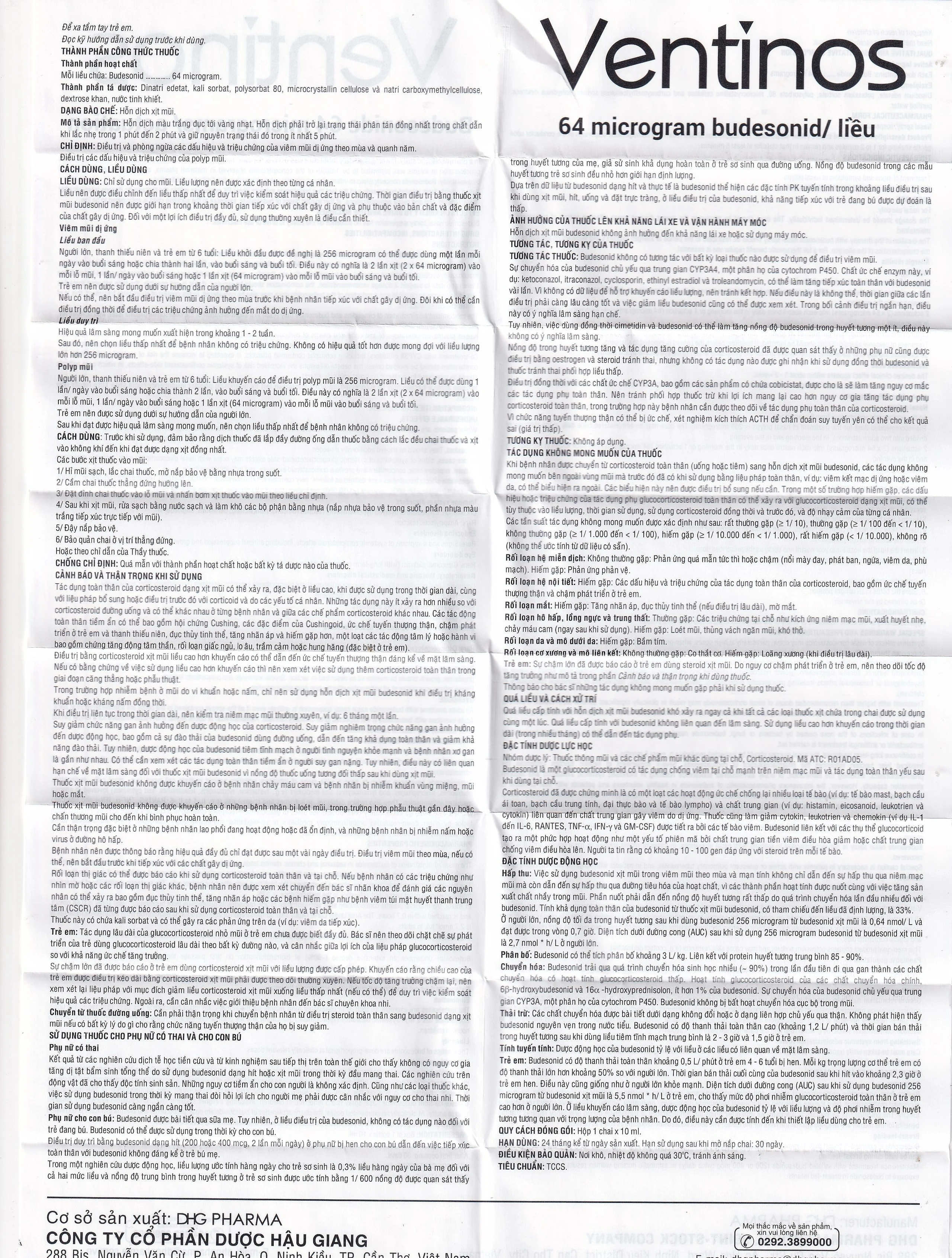 Thuốc Ventinos 64mcg DHG điều trị và phòng ngừa các dấu hiệu và triệu chứng của viêm mũi dị ứng (10ml)