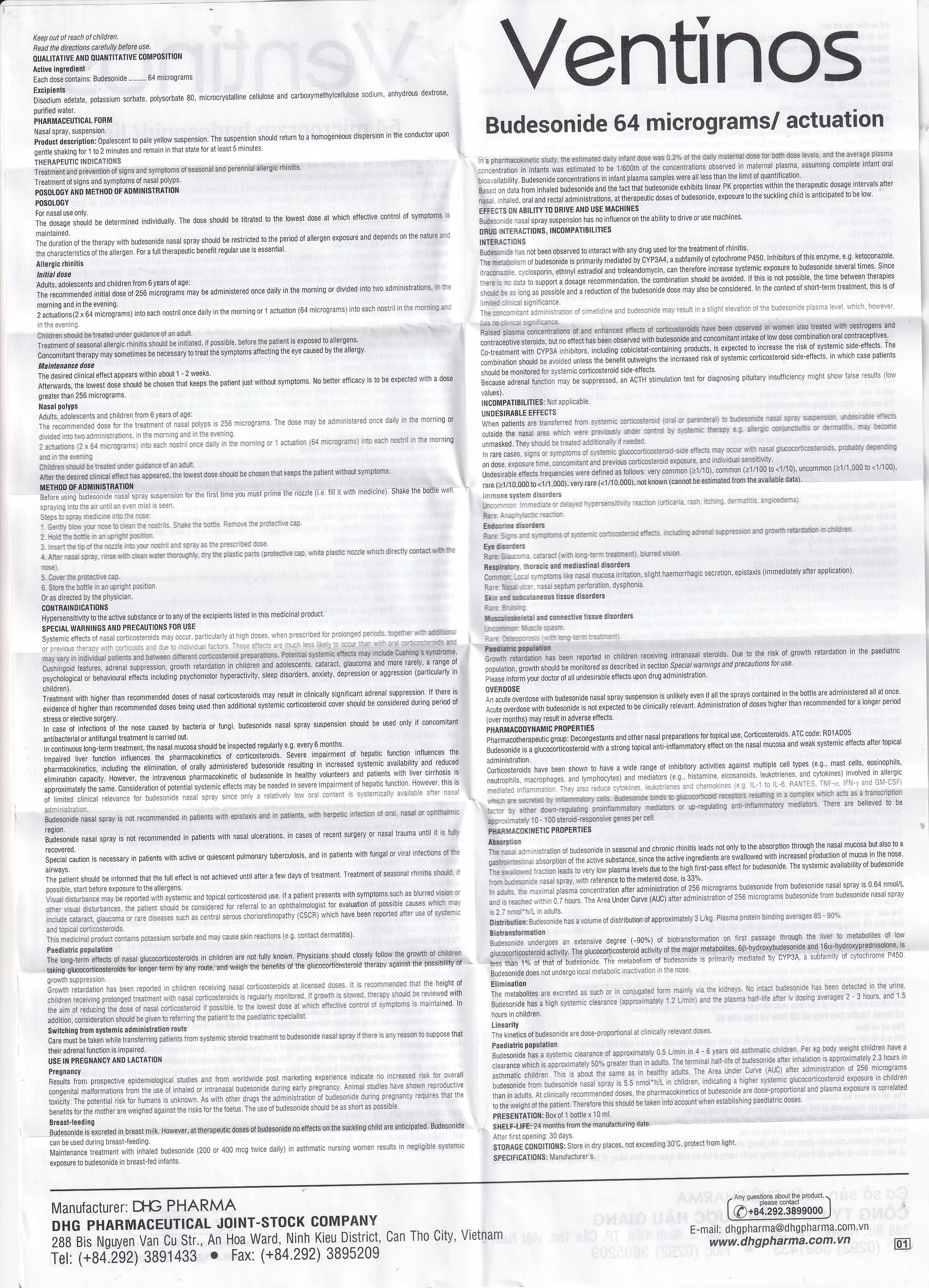 Thuốc Ventinos 64mcg DHG điều trị và phòng ngừa các dấu hiệu và triệu chứng của viêm mũi dị ứng (10ml)
