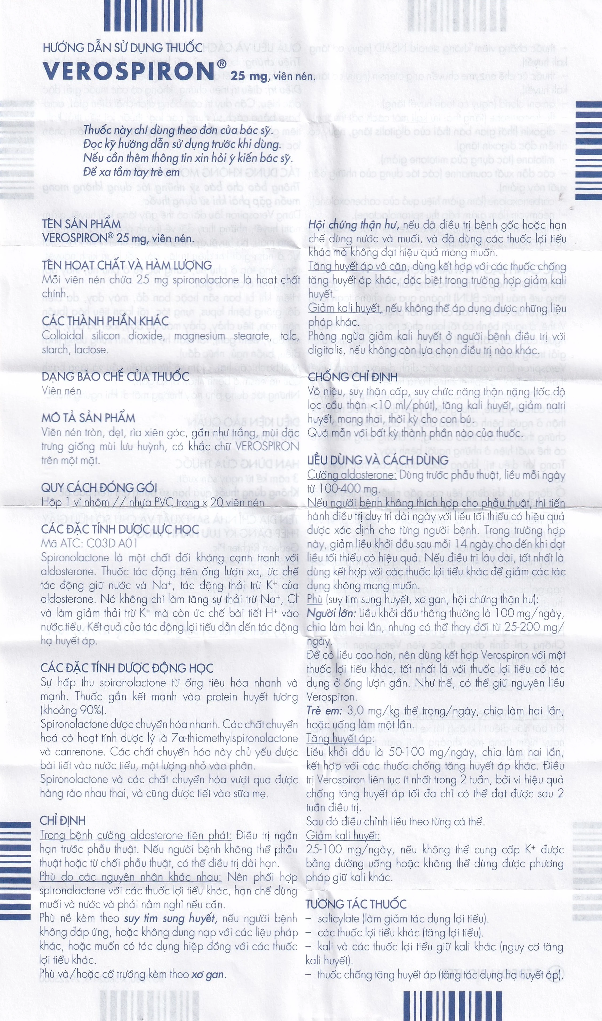 Thuốc Verospiron 25mg Gedeon điều trị phù, tăng huyết áp, cường aldosterone tiên phát và giảm kali huyết (1 vỉ x 20 viên)