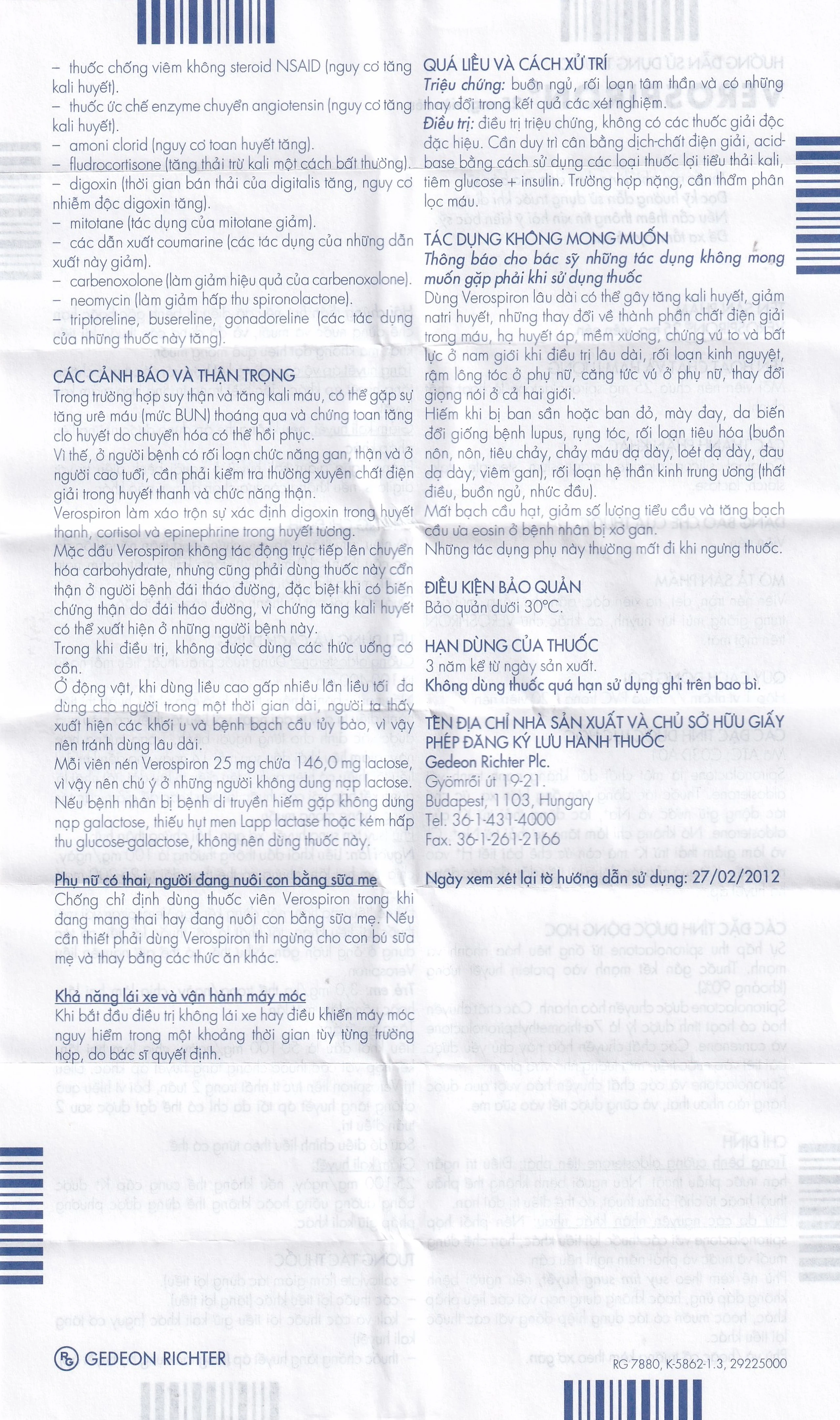 Thuốc Verospiron 25mg Gedeon điều trị phù, tăng huyết áp, cường aldosterone tiên phát và giảm kali huyết (1 vỉ x 20 viên)