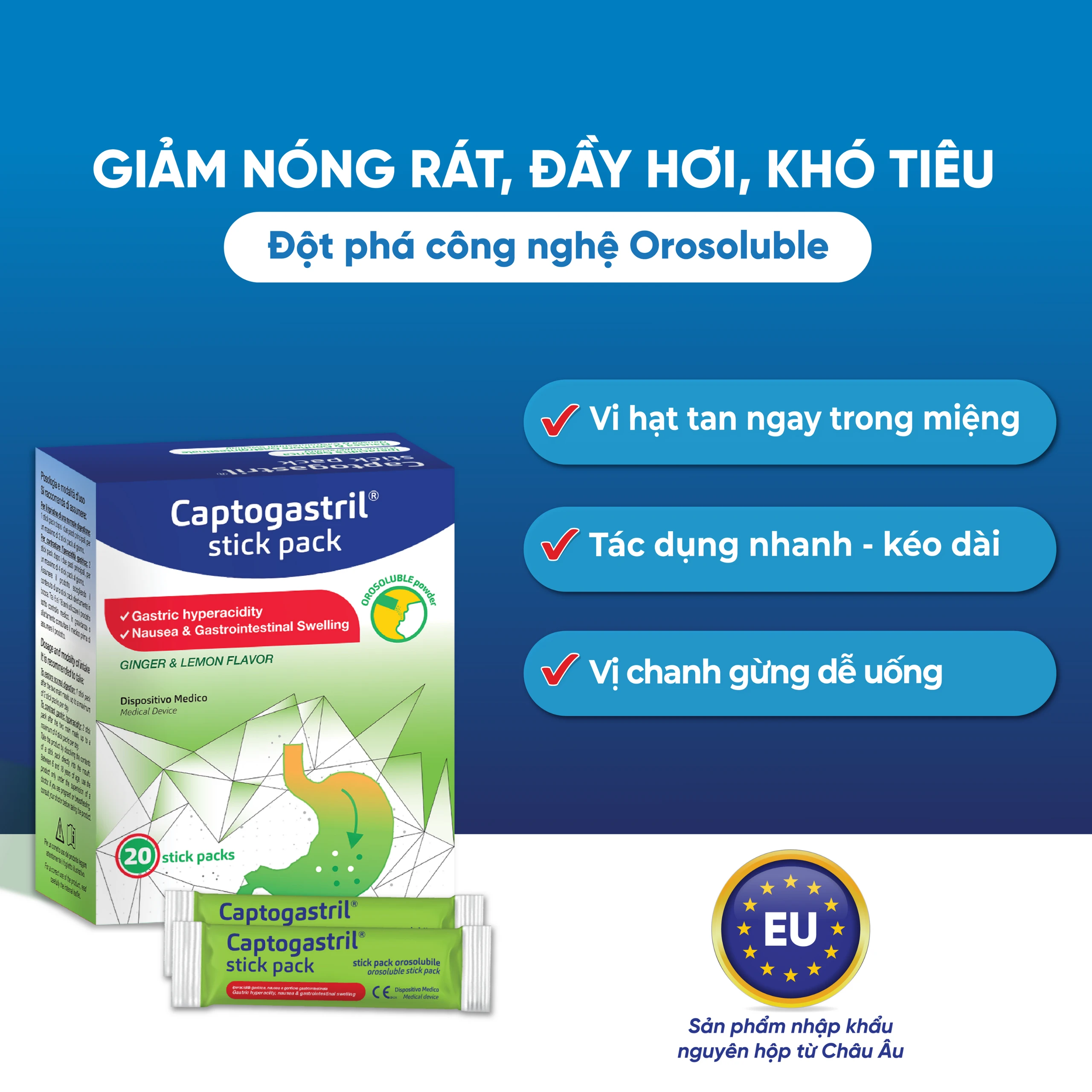 Vi bột Captogastril giảm nhanh acid, đau dạ dày, ợ nóng, đầy hơi, buồn nôn, khó tiêu hộp 20 gói