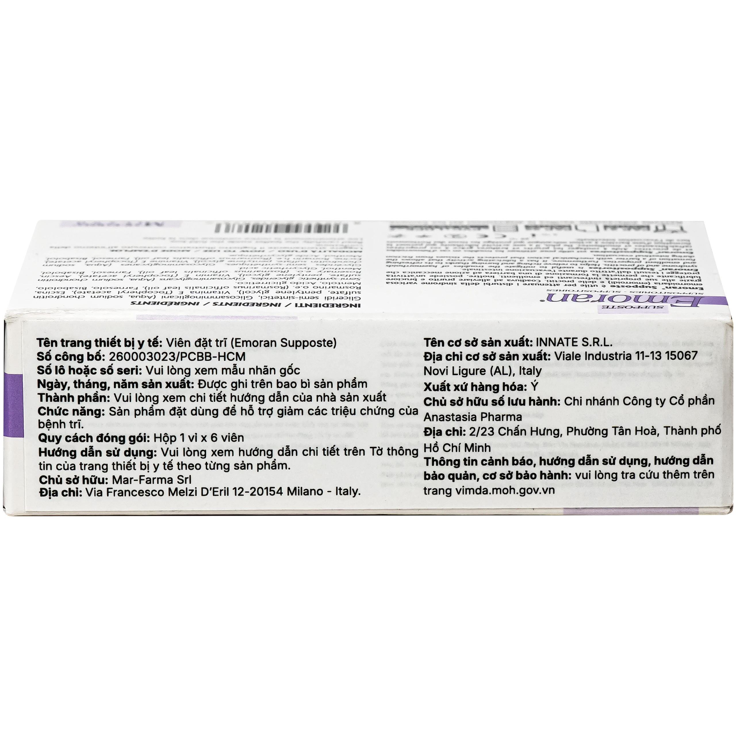 Viên đặt hậu môn Emoran Italy hỗ trợ điều trị trĩ và viêm trực tràng (1 vỉ x 6 viên) 4