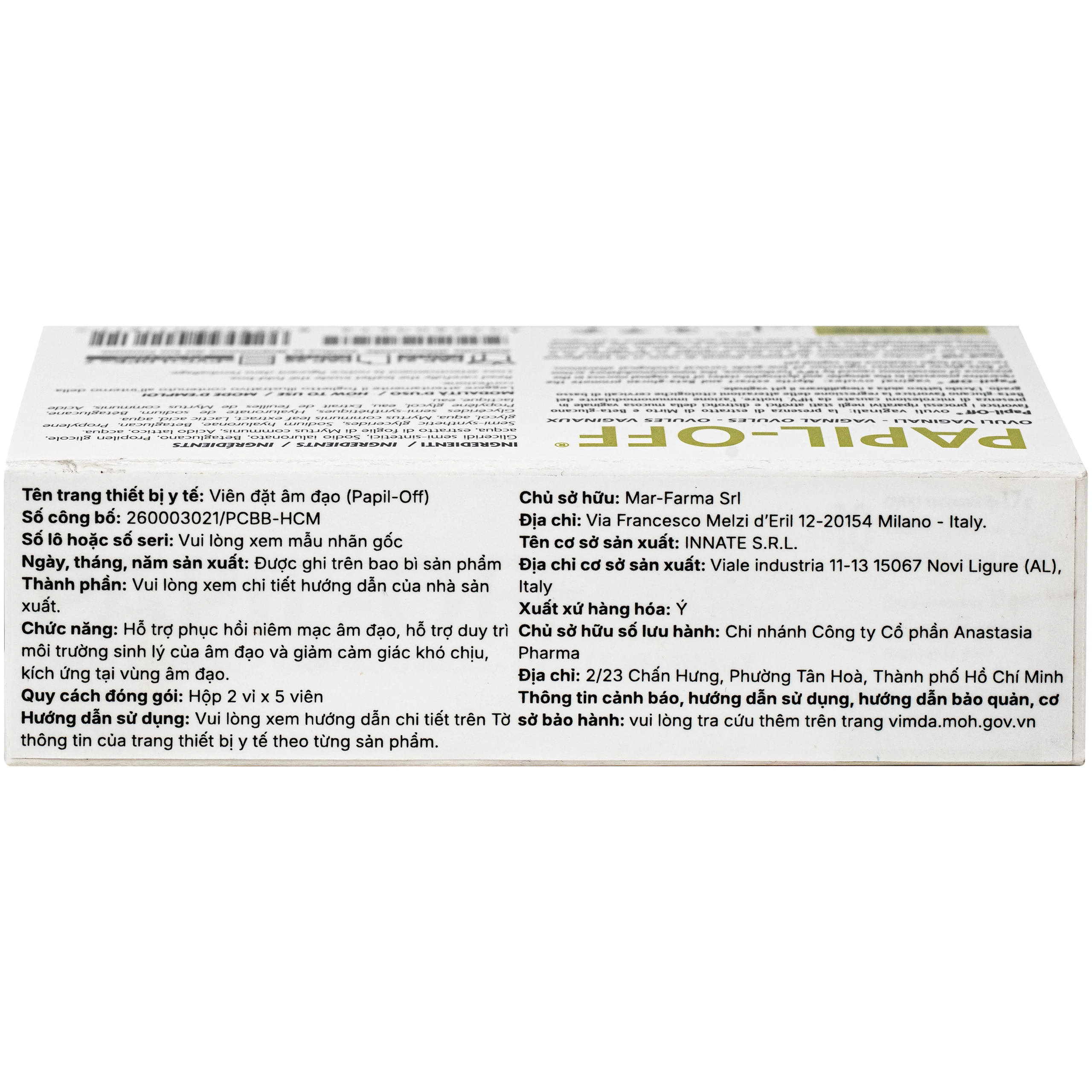 Viên đặt phụ khoa Papil-Off phòng ngừa và hỗ trợ điều trị tổn thương do virus HPV (2 vỉ x 5 viên) 4