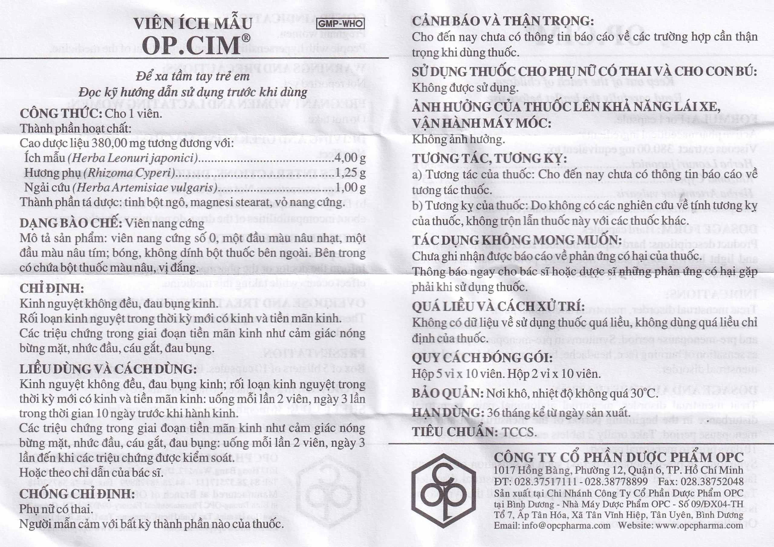 Viên ích mẫu OP.CIM OPC điều hòa kinh nguyệt (2 vỉ x 10 viên)